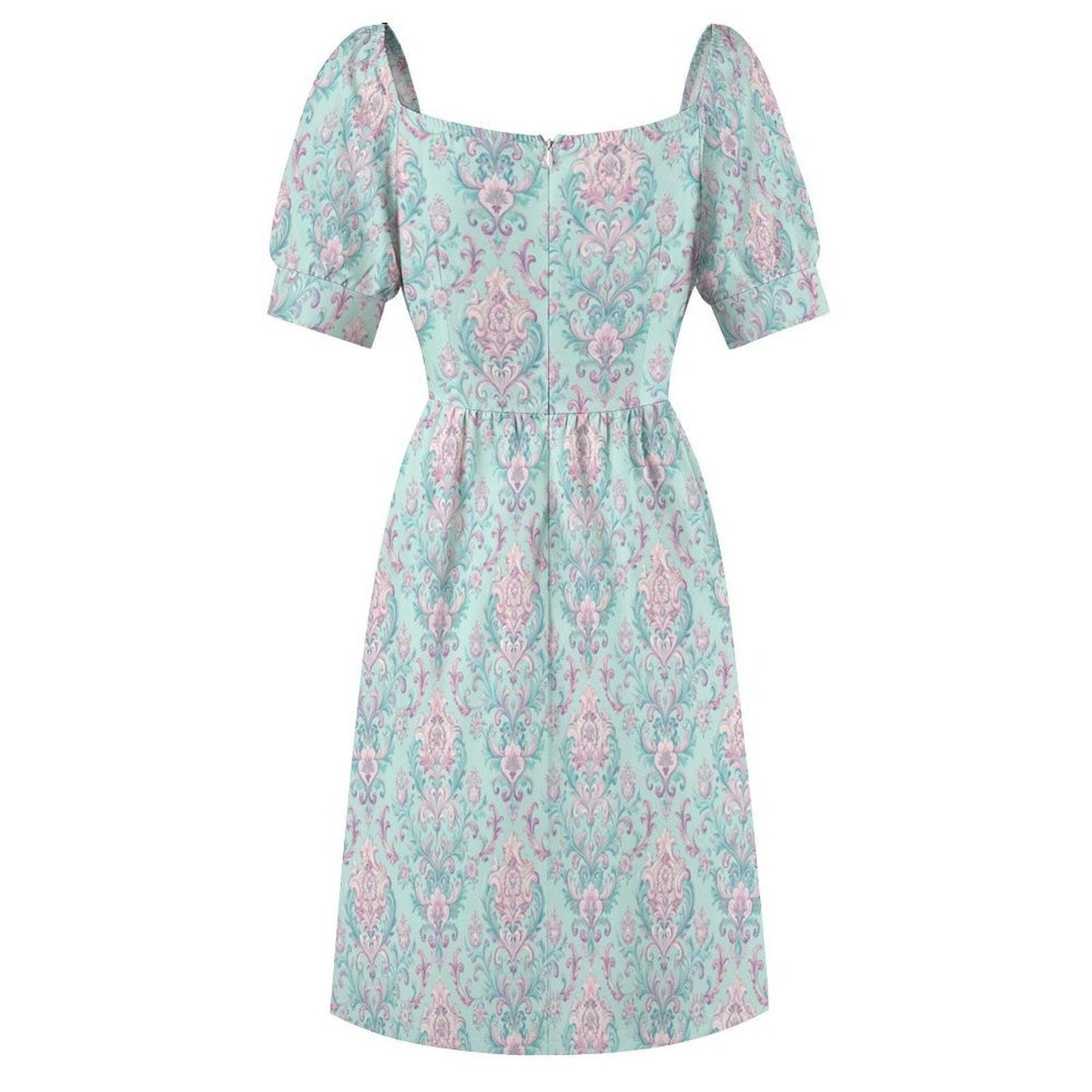 Mint Damask Midi Dress, Victorian Puff Sleeve, Sweetheart Neckline, Pastel Bridal Brunch Outfit
