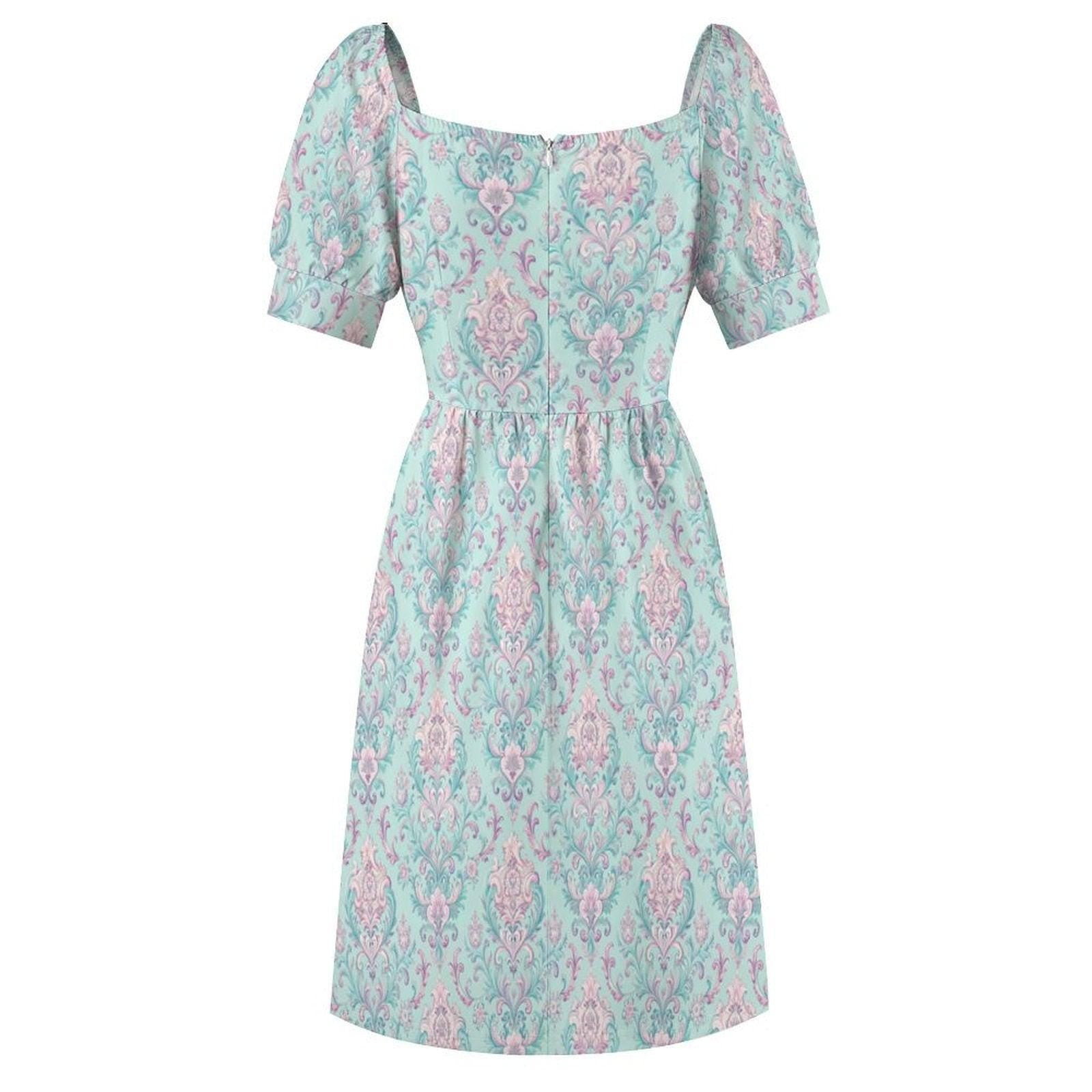 Mint Damask Midi Dress, Victorian Puff Sleeve, Sweetheart Neckline, Pastel Bridal Brunch Outfit