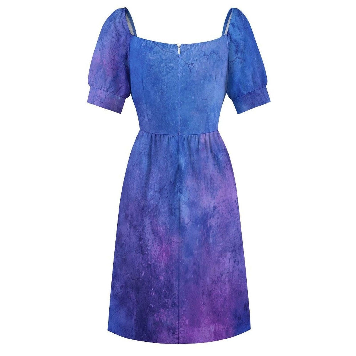 Celestial Midi Dress for Women, Blue Purple Galaxy Print Dress, Puff Sleeve Sweetheart Dress, Dreamy Evening Party Outfit