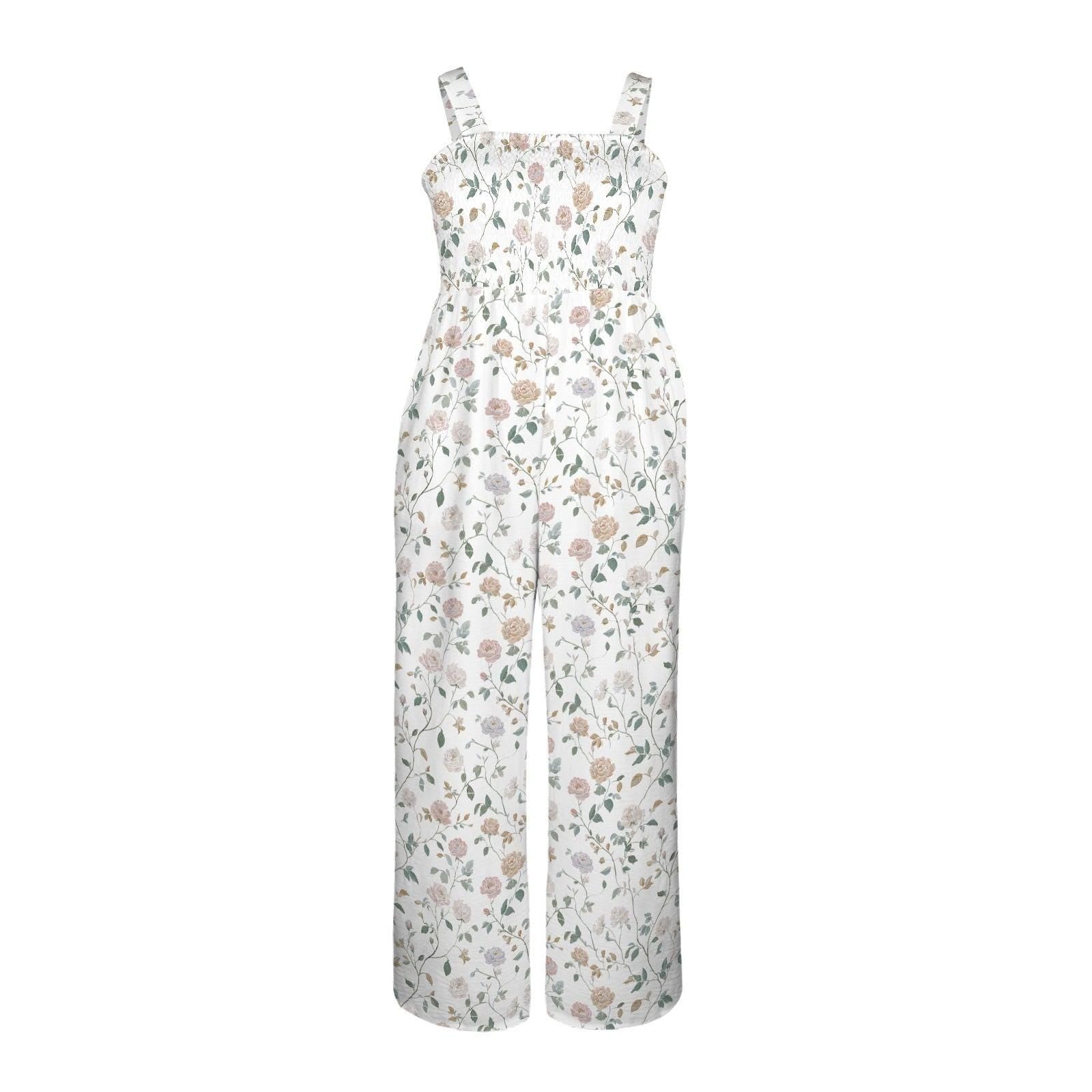 Neutral floral wide leg jumpsuit, vintage botanical garden party outfit, romantic rose vine print