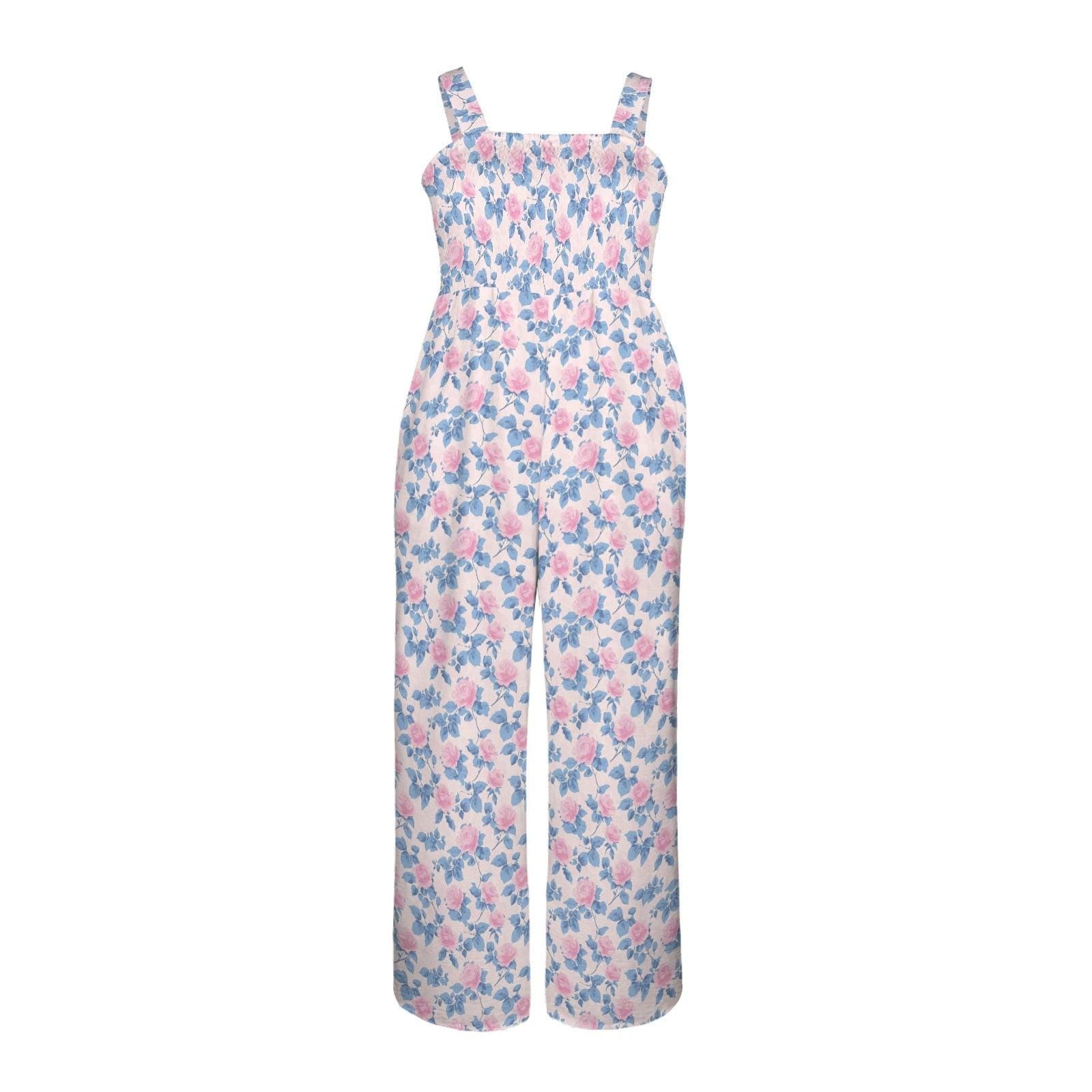 Rose Print Jumpsuit for Women, Coquette Summer Outfit, Blue Pink Floral Romper, Bridal Shower Garden Party Wear