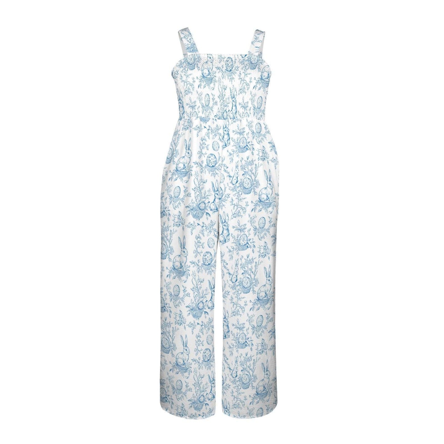 Blue Toile Bunny Print Jumpsuit, Spring Garden Party Romper, Easter Casual Wide Leg Outfit
