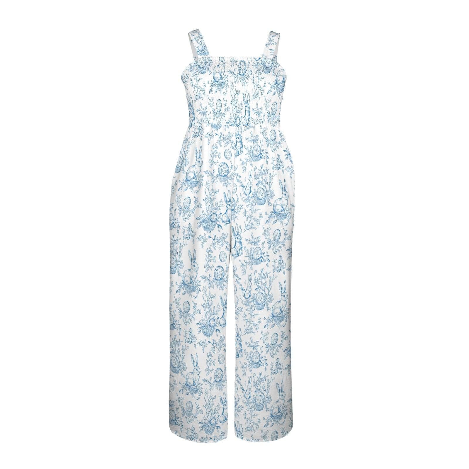 Blue Toile Bunny Print Jumpsuit, Spring Garden Party Romper, Easter Casual Wide Leg Outfit