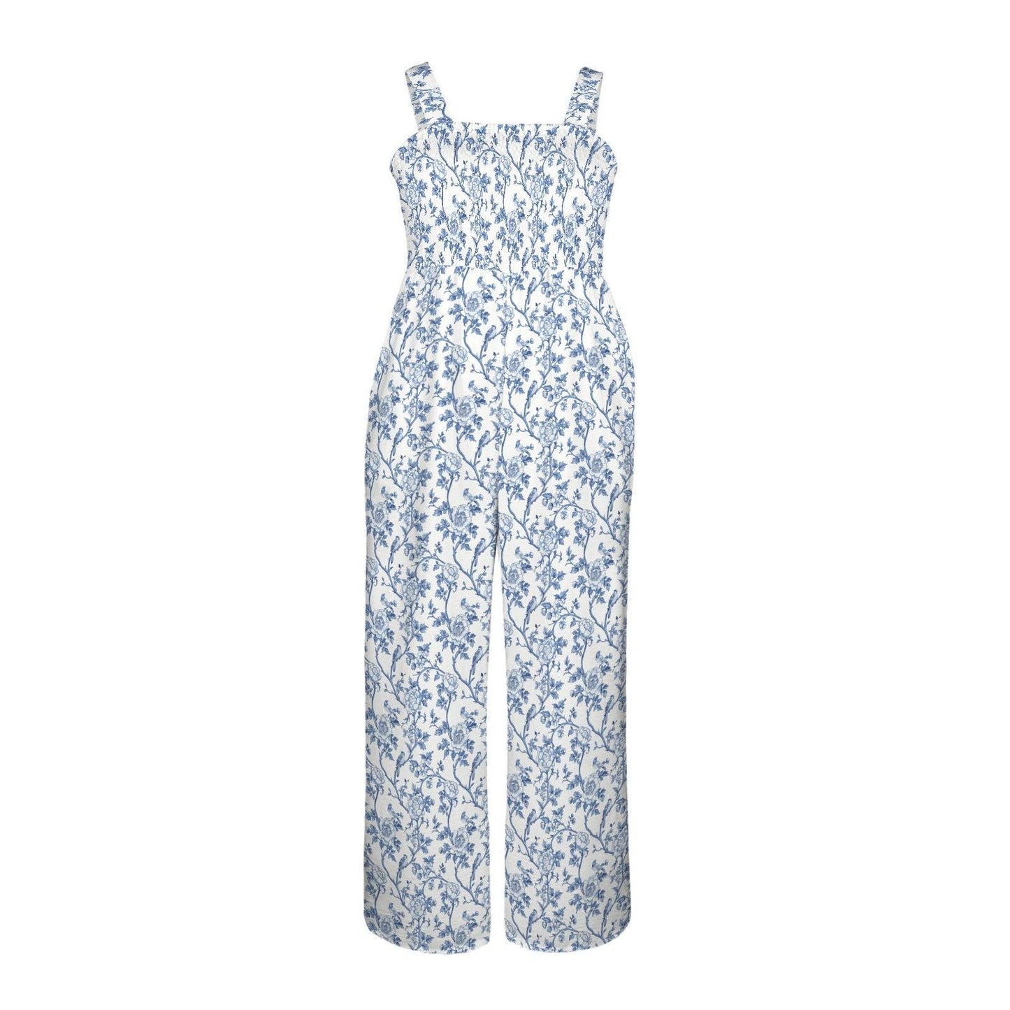 Blue Toile Jumpsuit for Women, Porcelain Floral Romper, Coastal Grandmother Outfit, Cottage Garden Summer Look