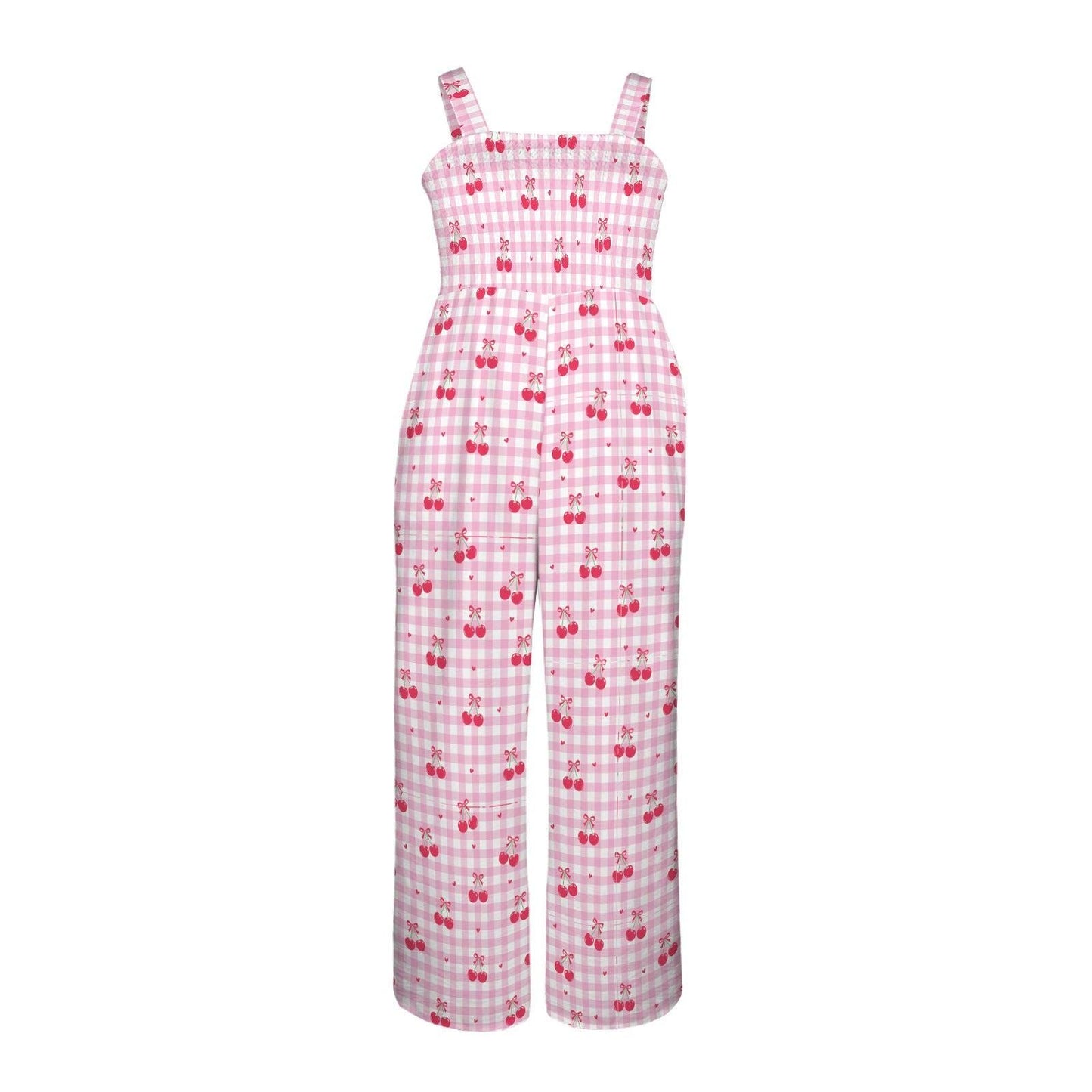 Cherry Print Wide Leg Jumpsuit with Pockets, Pink Gingham Coquette Summer Outfit