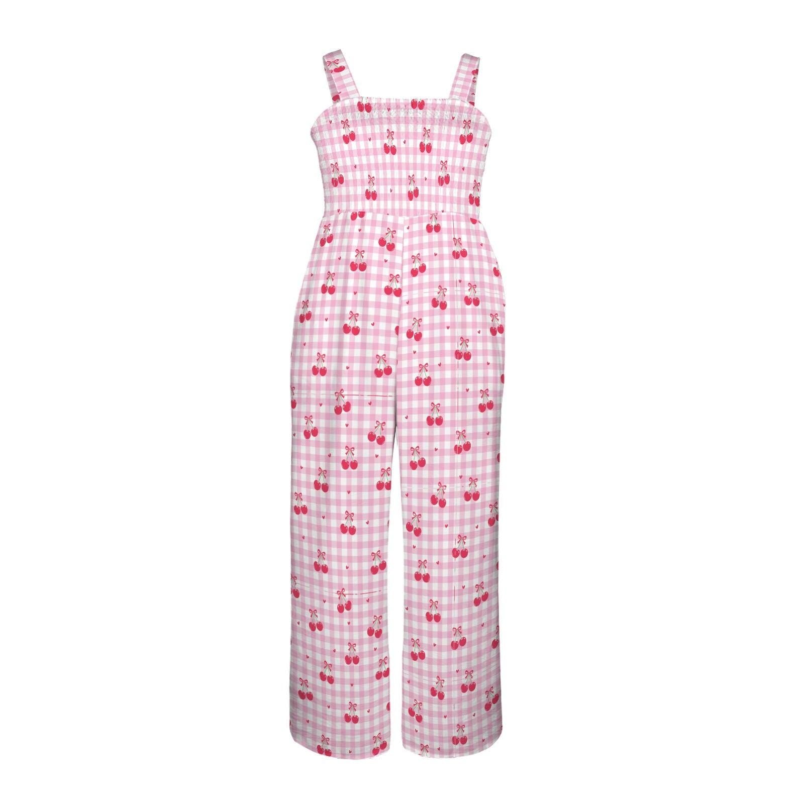 Cherry Print Wide Leg Jumpsuit with Pockets, Pink Gingham Coquette Summer Outfit