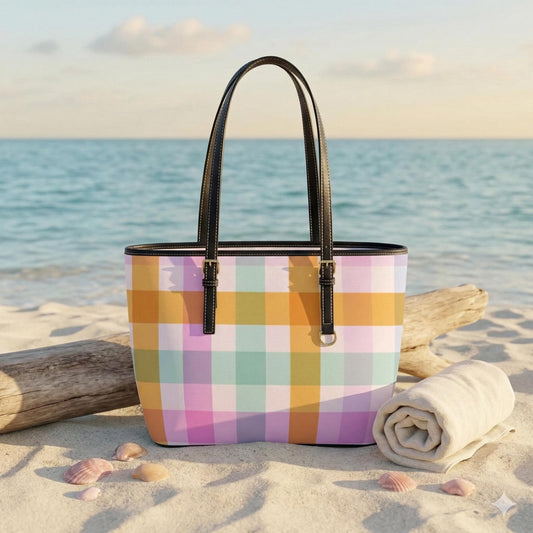 Pastel Plaid Tote Bag, Soft Check Shoulder Purse, Cute Picnic Carryall, Spring Market Handbag