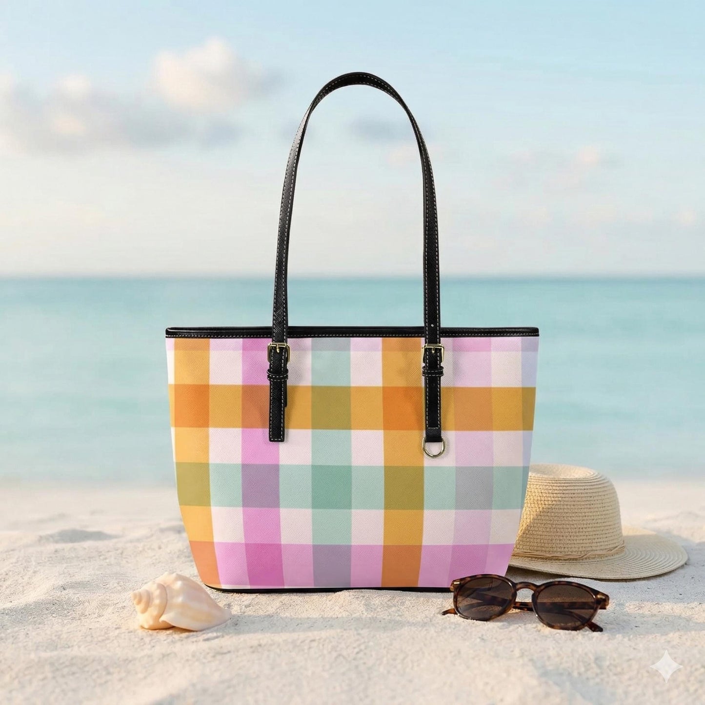 Pastel Plaid Tote Bag, Soft Check Shoulder Purse, Cute Picnic Carryall, Spring Market Handbag