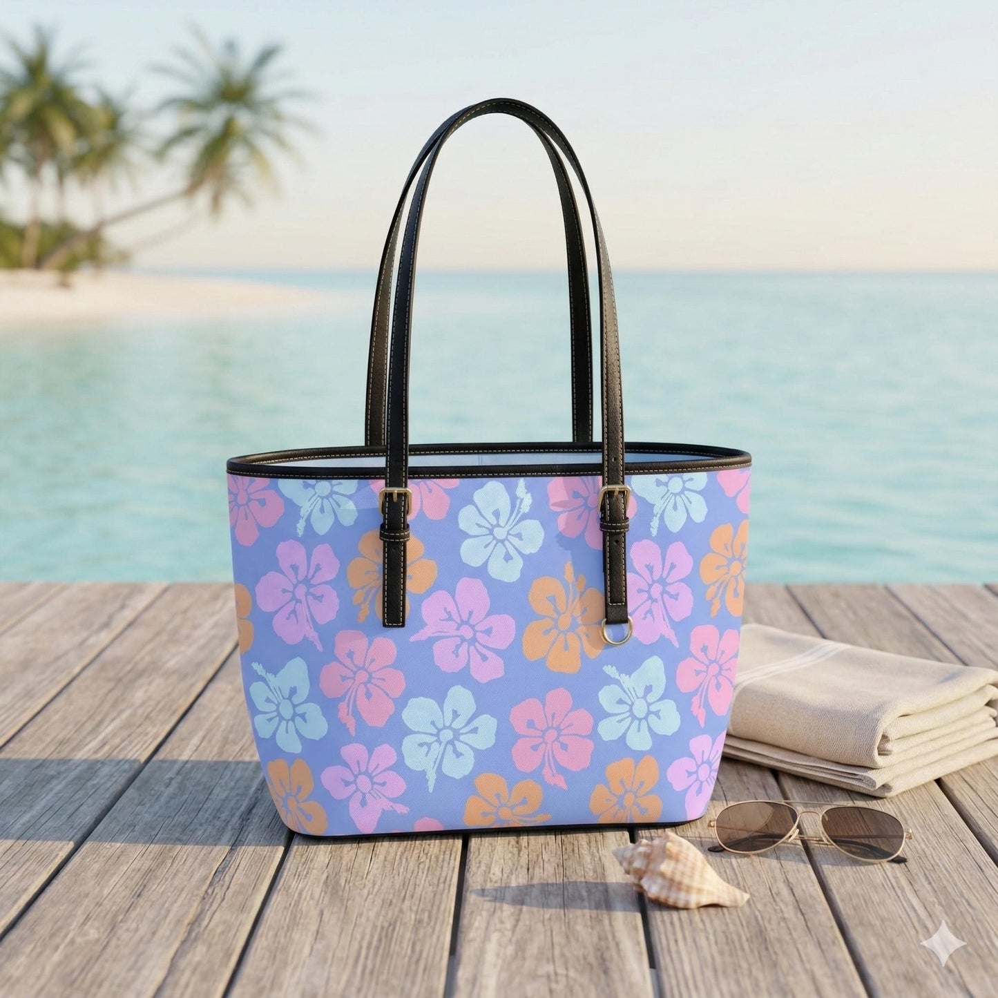 Blue Hibiscus Tote Bag, Tropical Floral Shoulder Purse, Island Vacation Handbag, Summer Holiday Tote