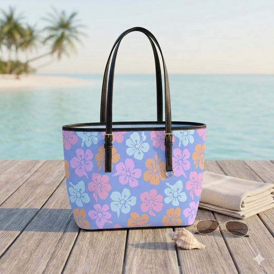 Blue Hibiscus Tote Bag, Tropical Floral Shoulder Purse, Island Vacation Handbag, Summer Holiday Tote