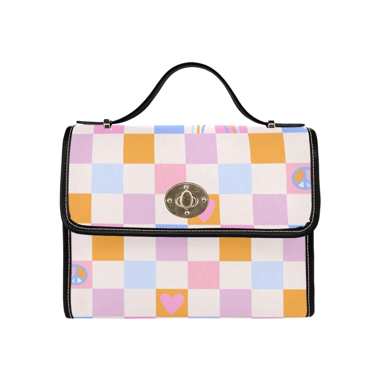 Pastel Checkerboard Peace Bag, Retro Grid Heart Top Handle Purse, Waterproof Canvas, Cute Festival Crossbody