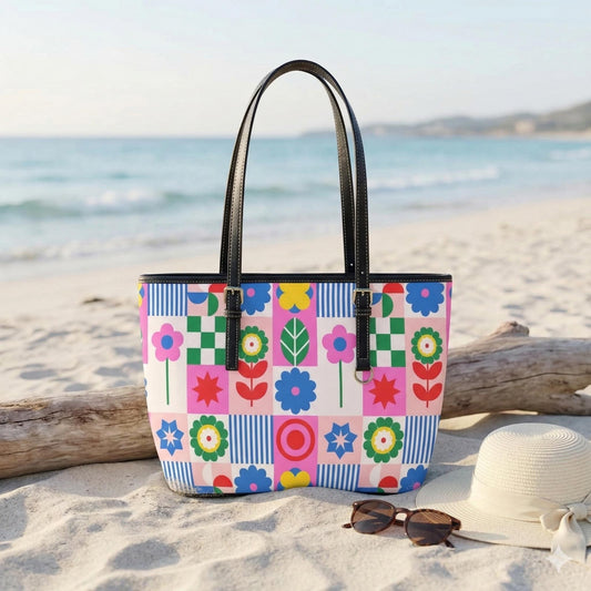 Geometric Folk Tote Bag, Color Block Shoulder Purse, Scandinavian Style Carryall, Playful Market Handbag