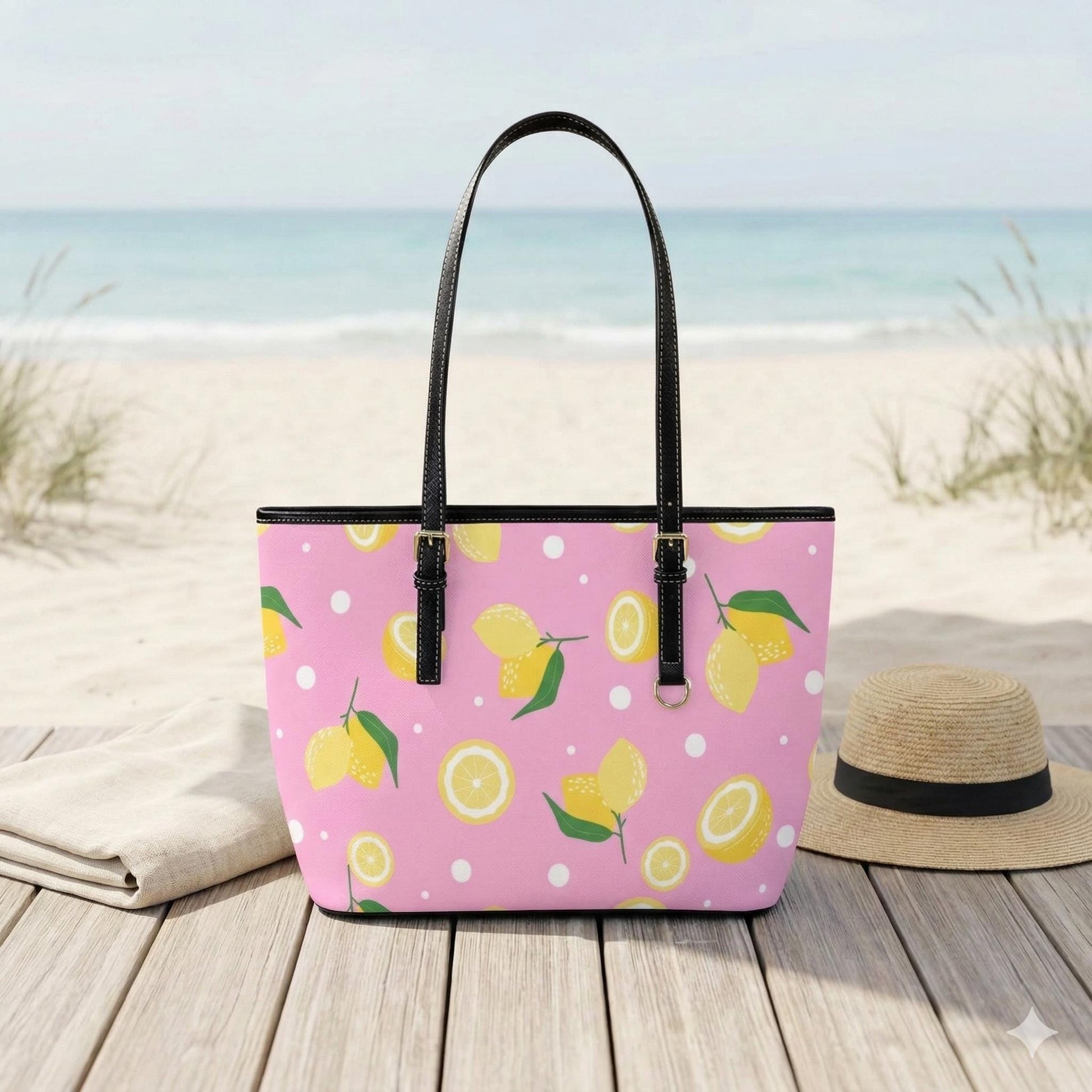 Lemon Picnic Tote Bag, Pink Citrus Shoulder Purse, Summer Market Carryall, Vacation Ready Handbag