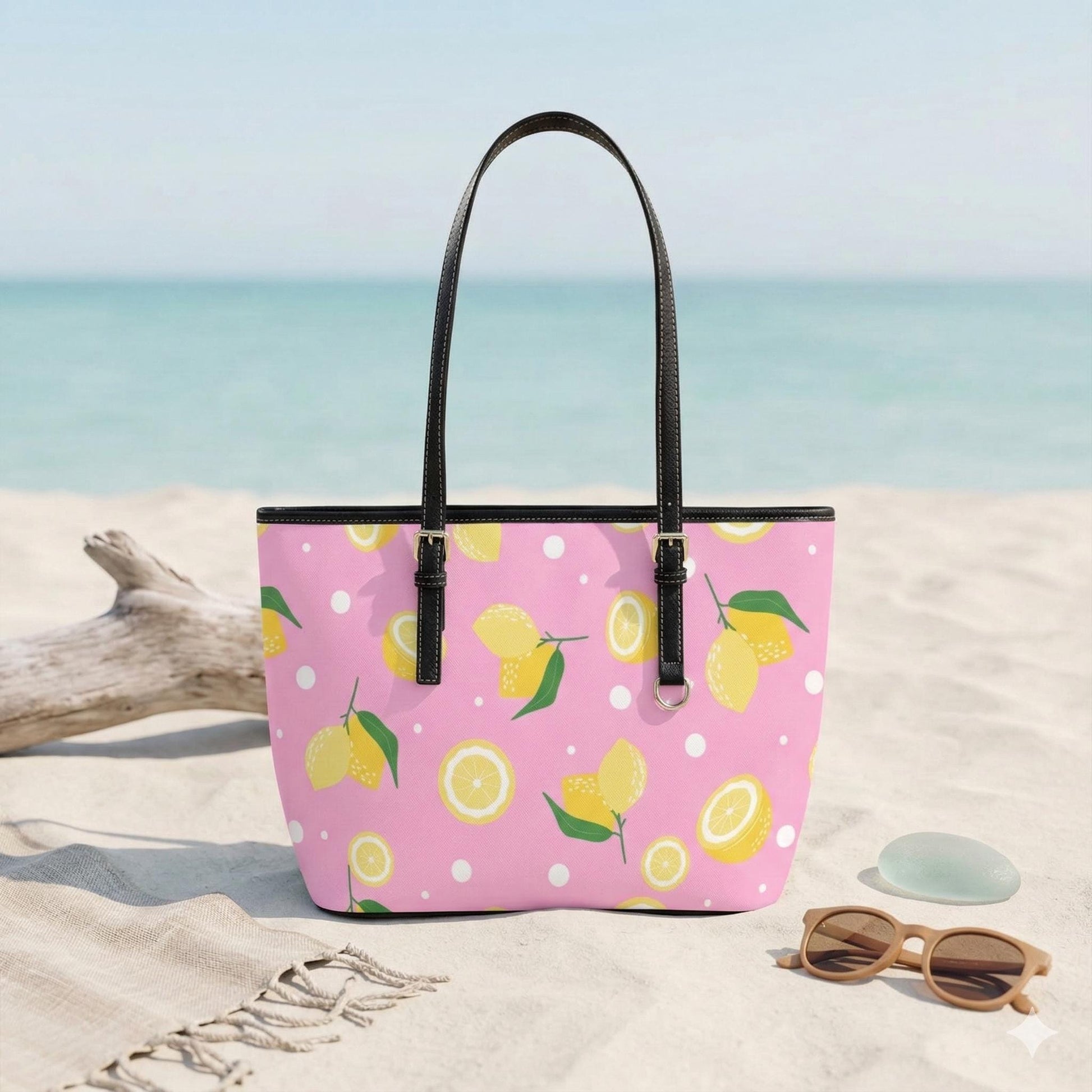 Lemon Picnic Tote Bag, Pink Citrus Shoulder Purse, Summer Market Carryall, Vacation Ready Handbag