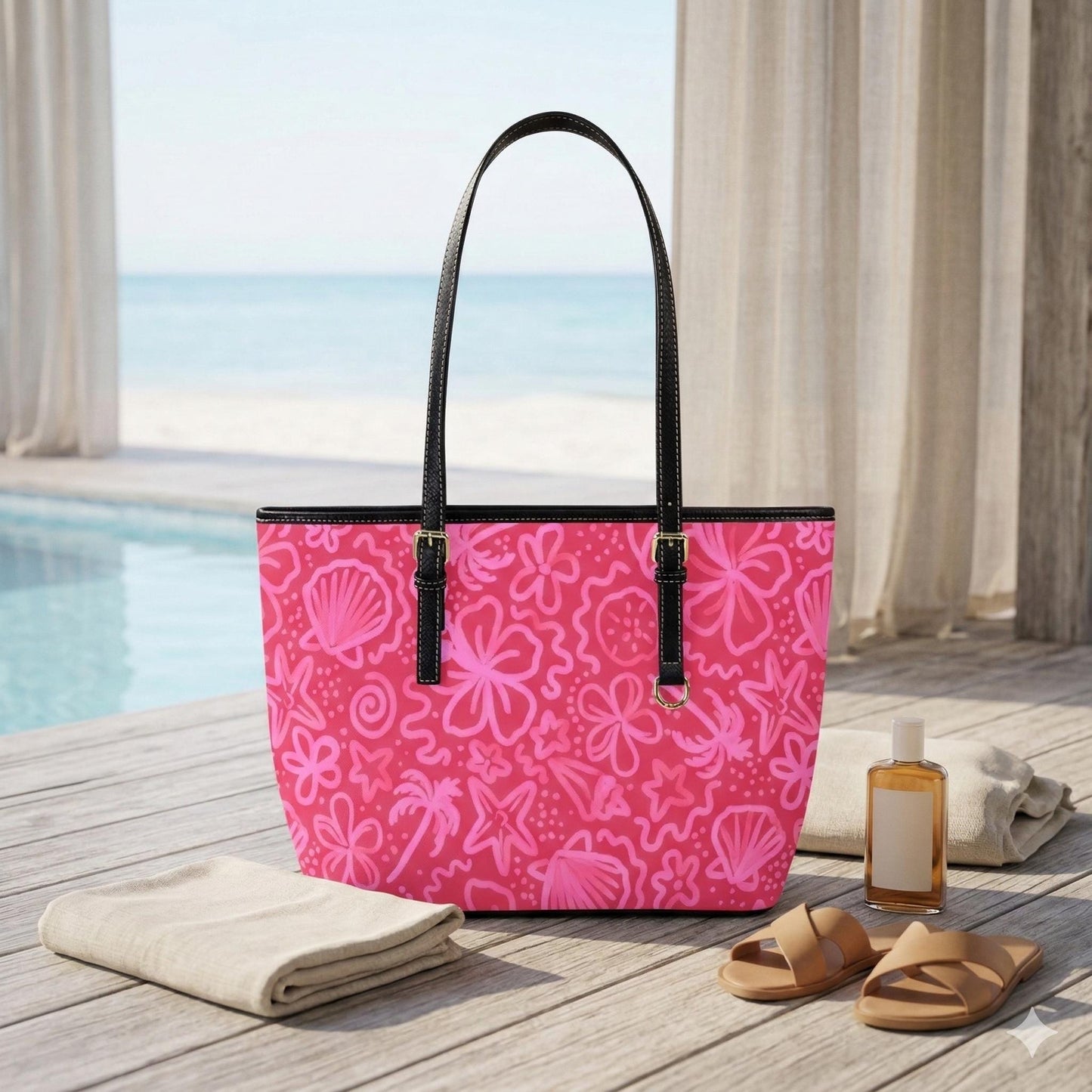 Pink Beach Doodle Tote, Coastal Summer Shoulder Bag, Tropical Vacation Carryall, Poolside Resort Purse