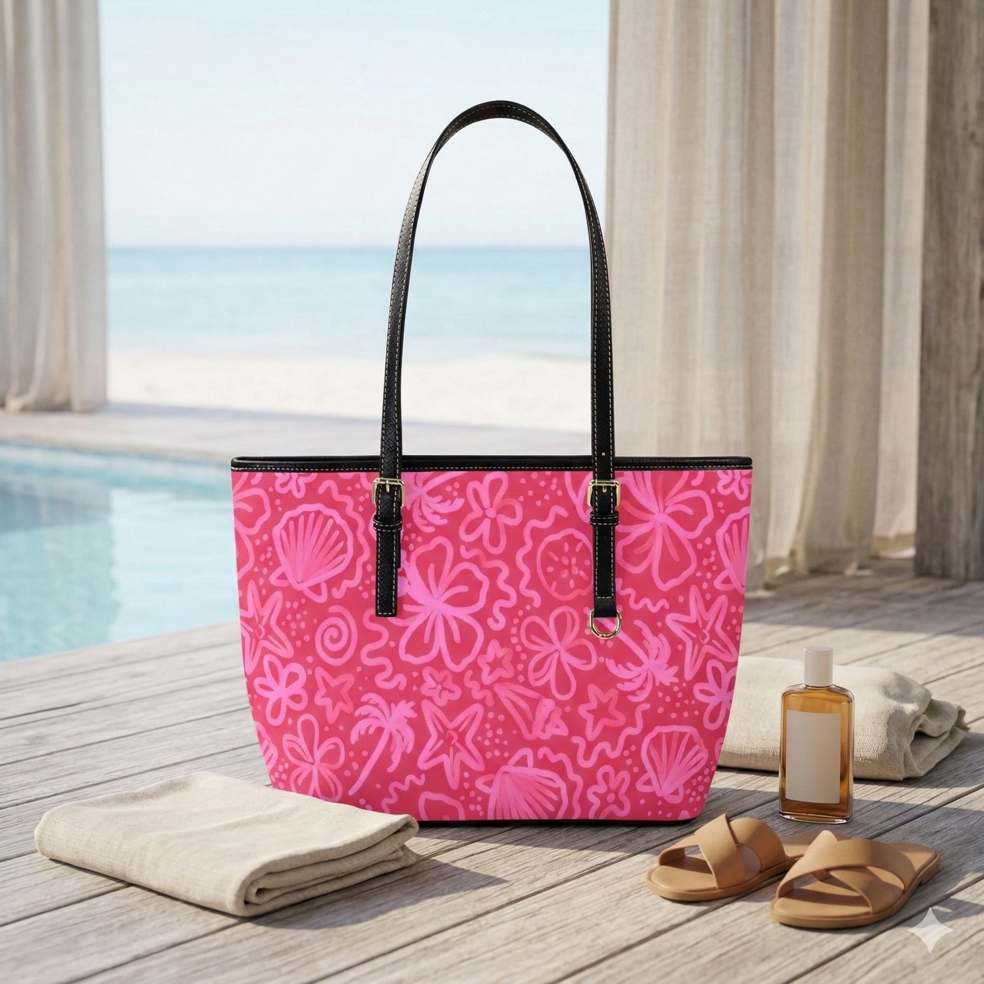 Pink Beach Doodle Tote, Coastal Summer Shoulder Bag, Tropical Vacation Carryall, Poolside Resort Purse