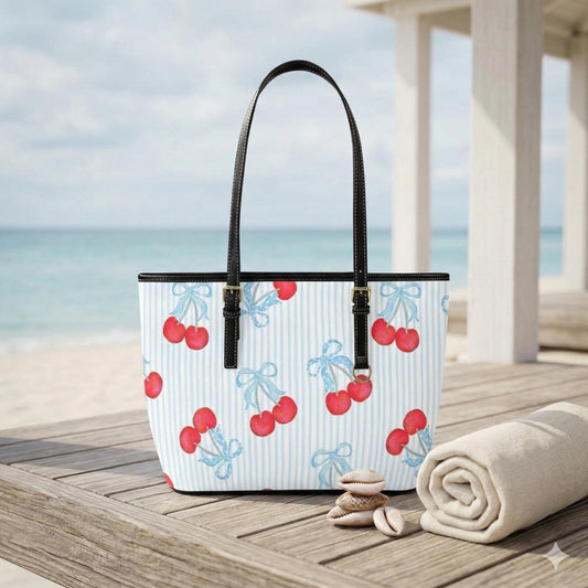 Cherry Bow Tote Purse, Blue Stripe Shoulder Bag, Sweet Picnic Carryall, Coquette Everyday Handbag
