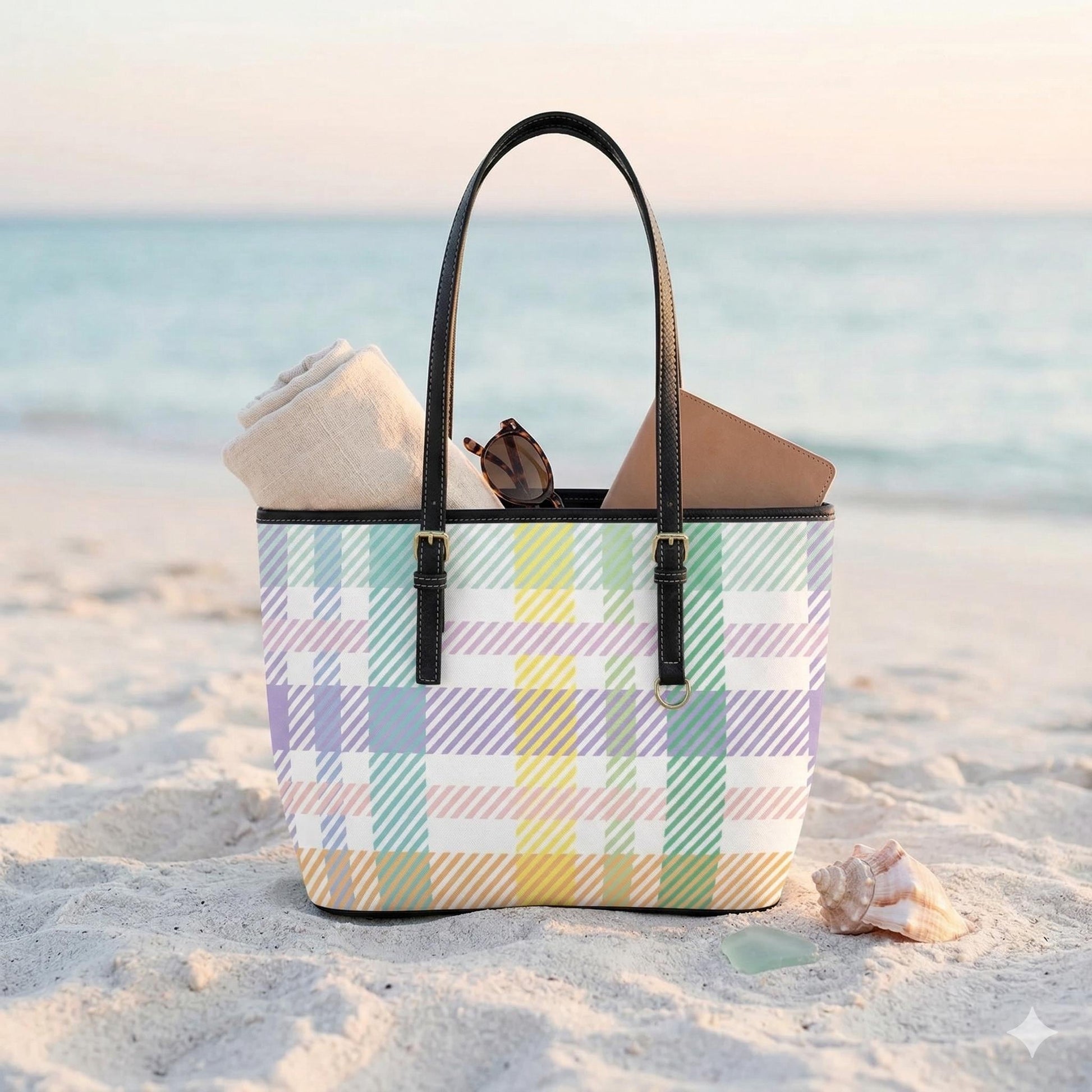 Pastel Plaid Tote Bag, Preppy Check Shoulder Purse, Spring Picnic Carryall, Soft Color Everyday Handbag