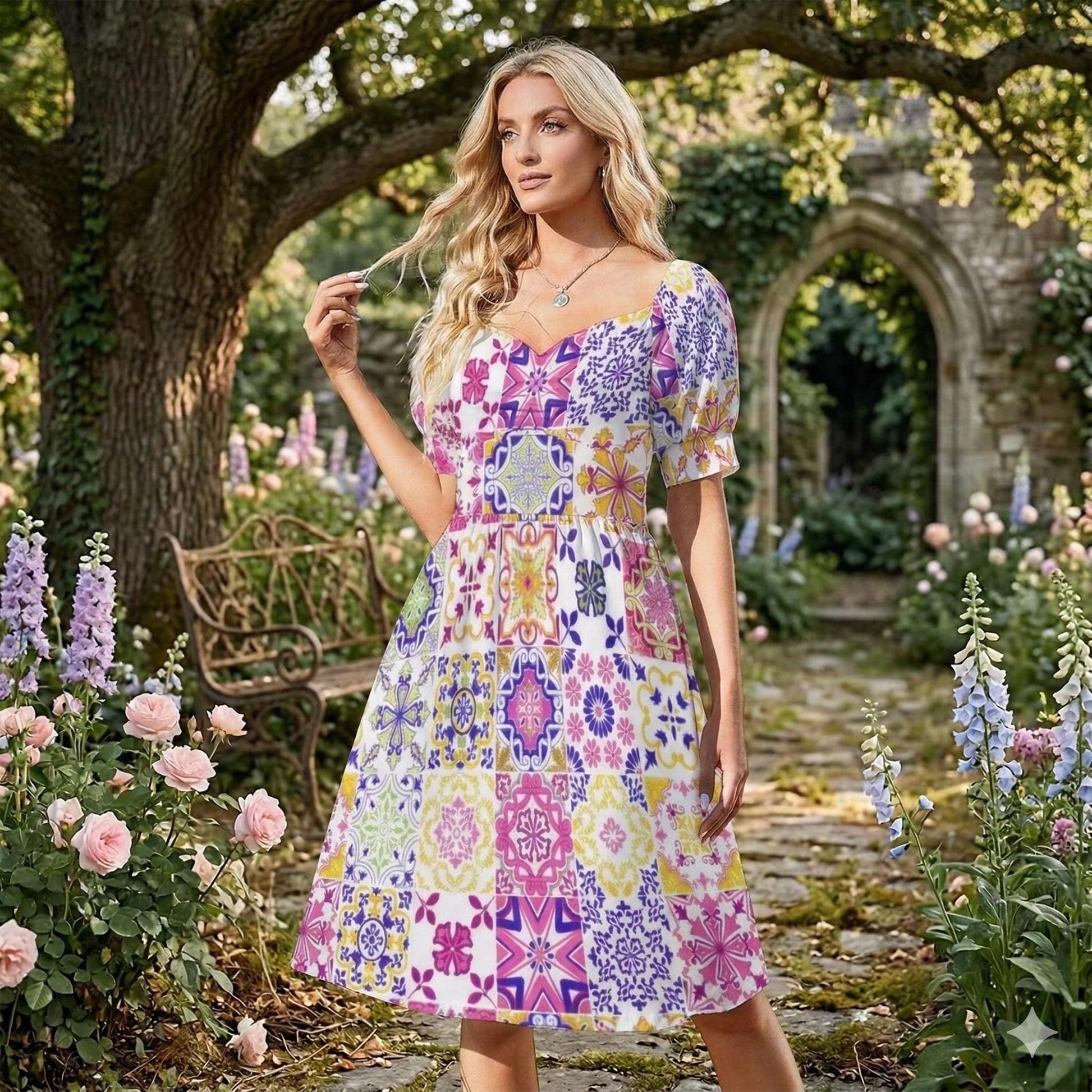 Tile Print Midi Dress, Mediterranean Puff Sleeve, Colorful Mosaic Vacation Outfit