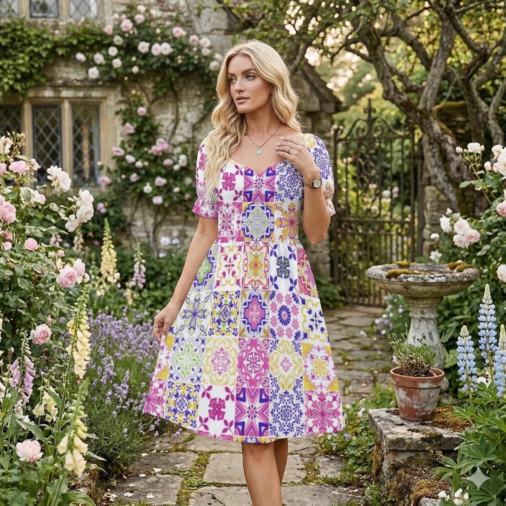 Tile Print Midi Dress, Mediterranean Puff Sleeve, Colorful Mosaic Vacation Outfit