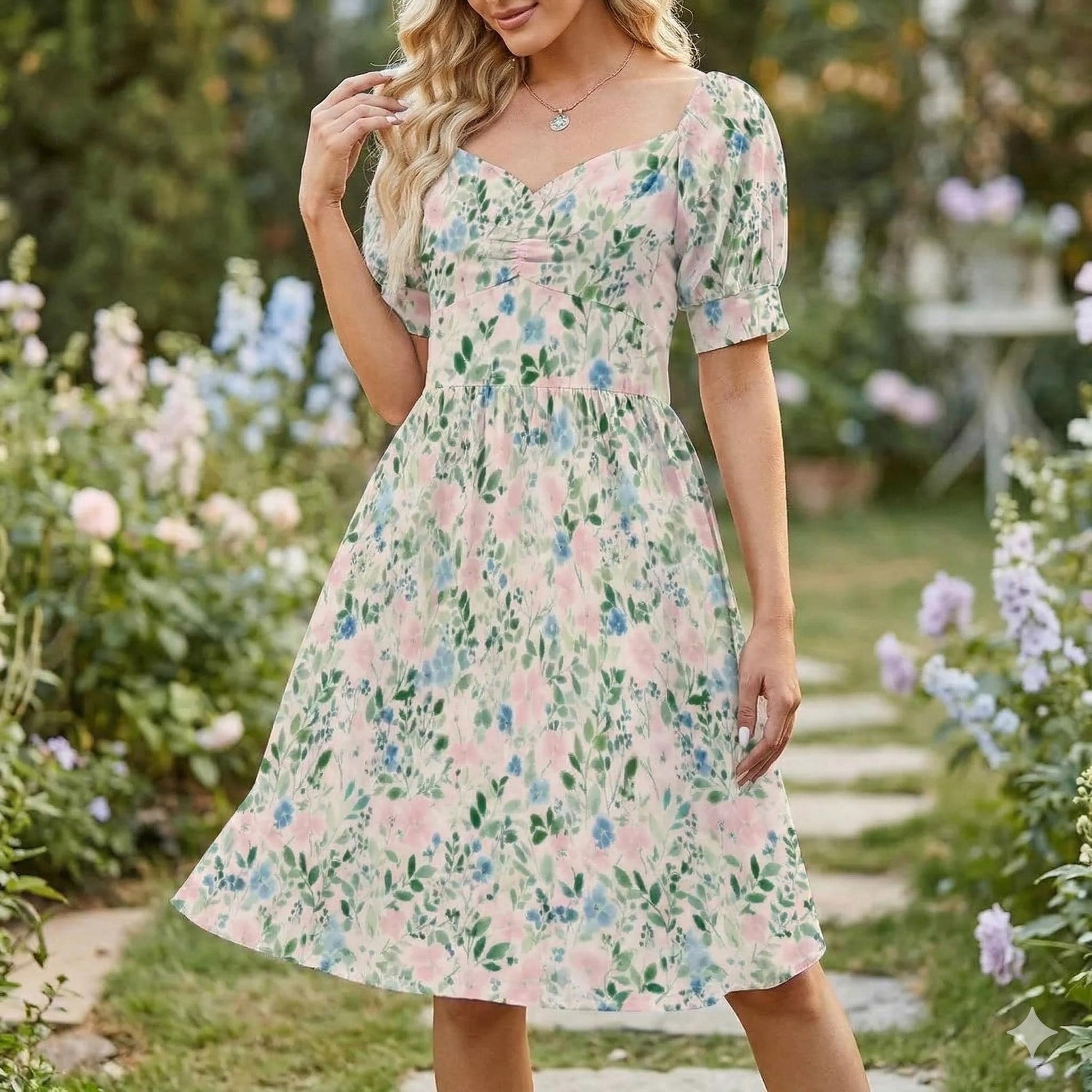 Watercolor floral midi dress for women, pastel meadow garden stroll, puff sleeve sweetheart dress