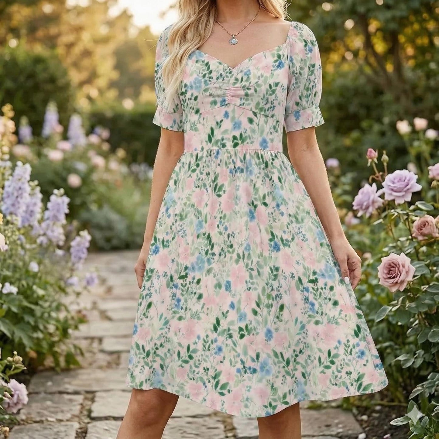 Watercolor floral midi dress for women, pastel meadow garden stroll, puff sleeve sweetheart dress