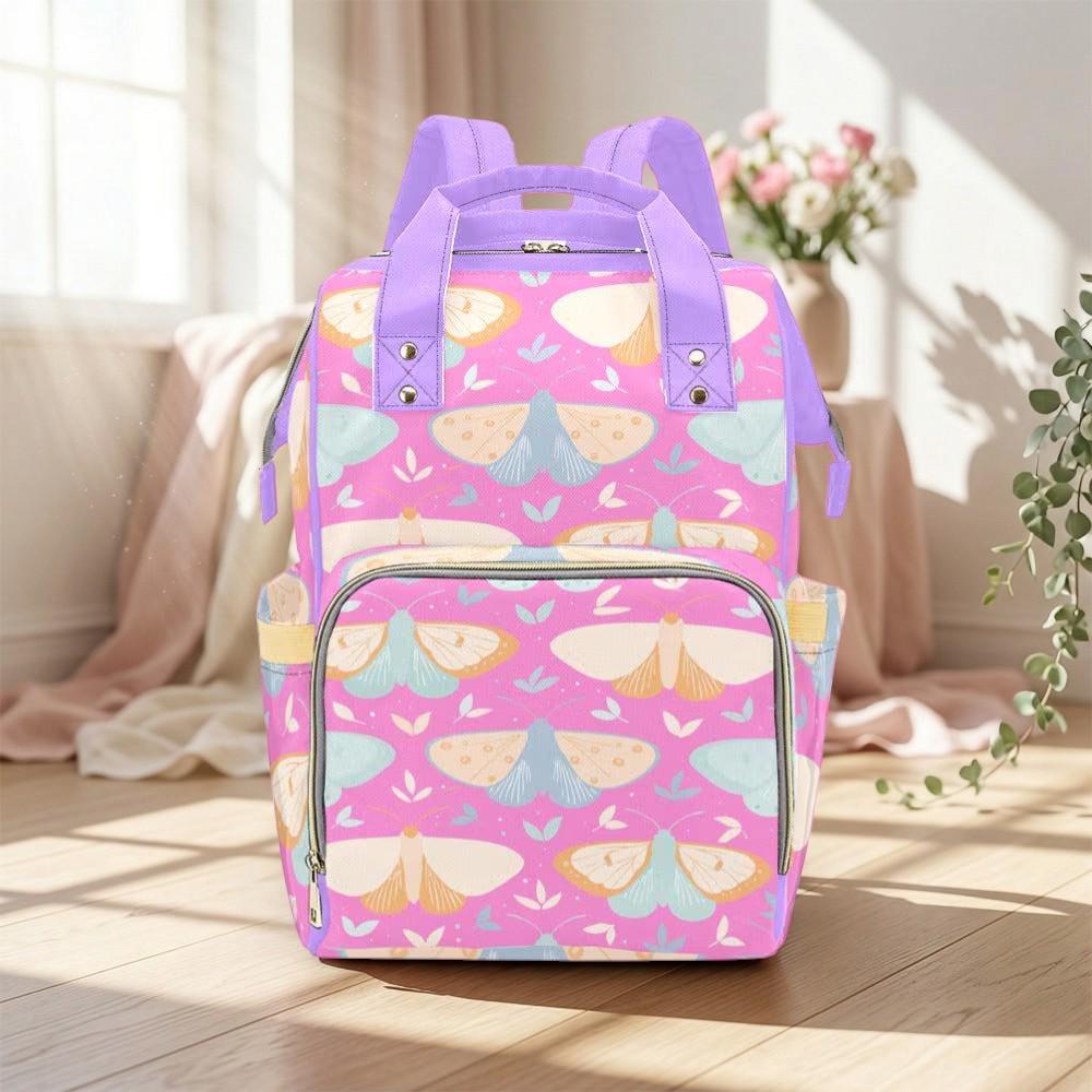 Moth Diaper Bag Backpack, Pink Cottagecore Baby Bag for Moms, Pastel Nursery Organizer, Whimsical Stroller Pack