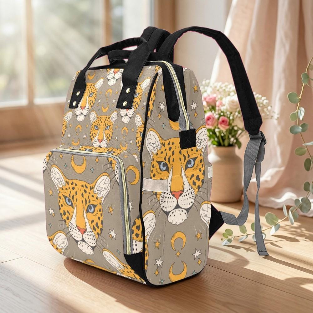 Leopard Diaper Bag Backpack, Neutral Mom Bag, Celestial Baby Backpack, Safari Nursery Organizer, Moon Stroller Bag