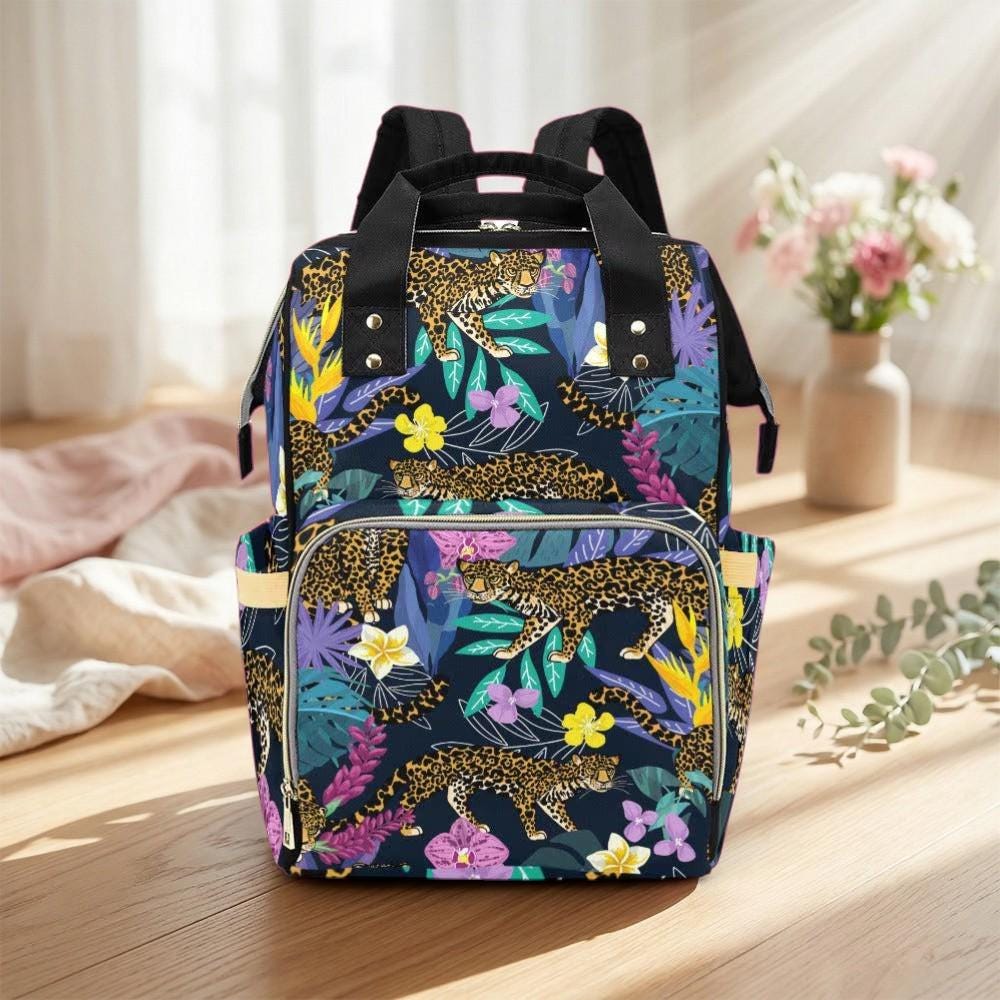 Leopard Diaper Bag Backpack, Tropical Jungle Baby Travel Bag, Nylon Stroller Organizer