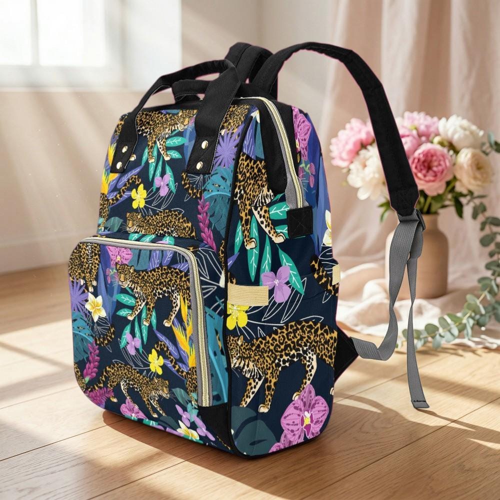 Leopard Diaper Bag Backpack, Tropical Jungle Baby Travel Bag, Nylon Stroller Organizer