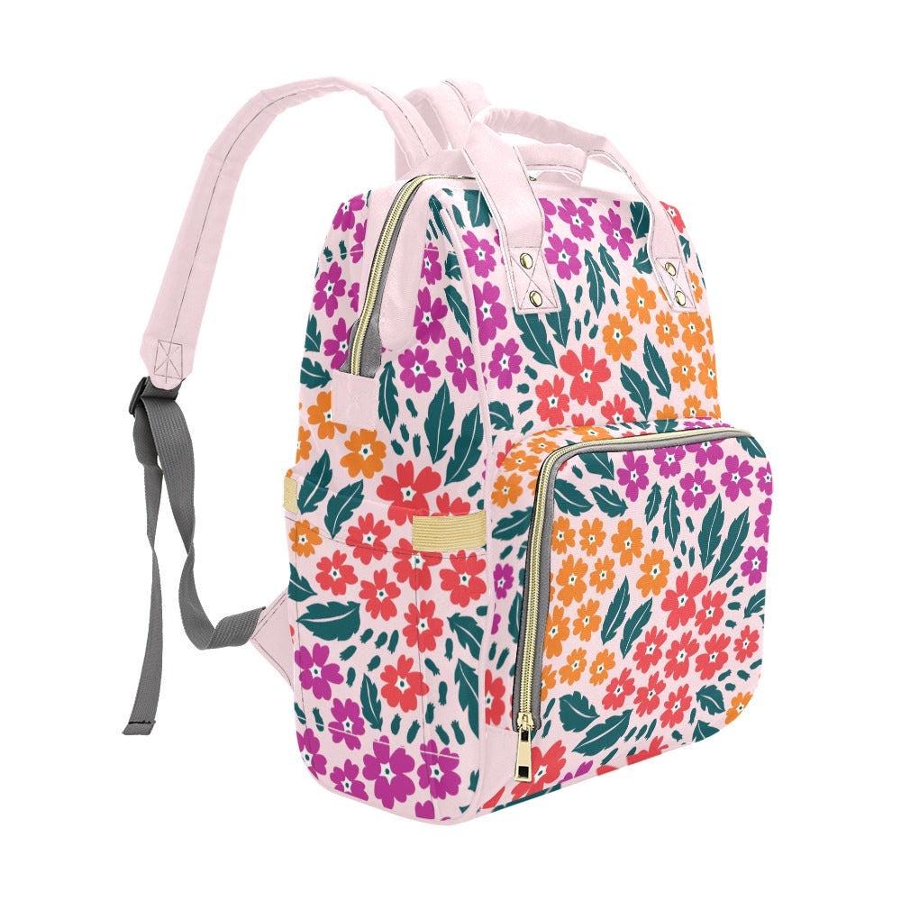 Retro Floral Diaper Bag Backpack, Pink Flower Mom Pack, Boho Baby Travel Bag, Nursery Organizer for Stylish Moms