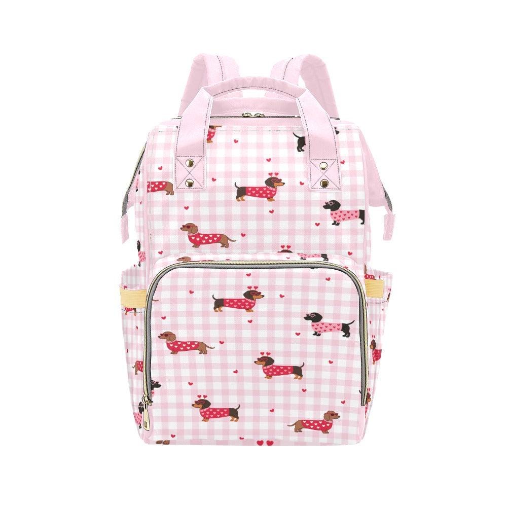 Dachshund Diaper Bag Backpack in Pink Gingham, Dog Lover Baby Bag, Cute Mom Backpack, Nursery Organizer, Stroller Travel Bag