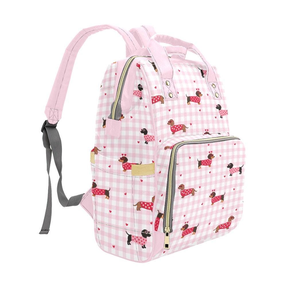 Dachshund Diaper Bag Backpack in Pink Gingham, Dog Lover Baby Bag, Cute Mom Backpack, Nursery Organizer, Stroller Travel Bag