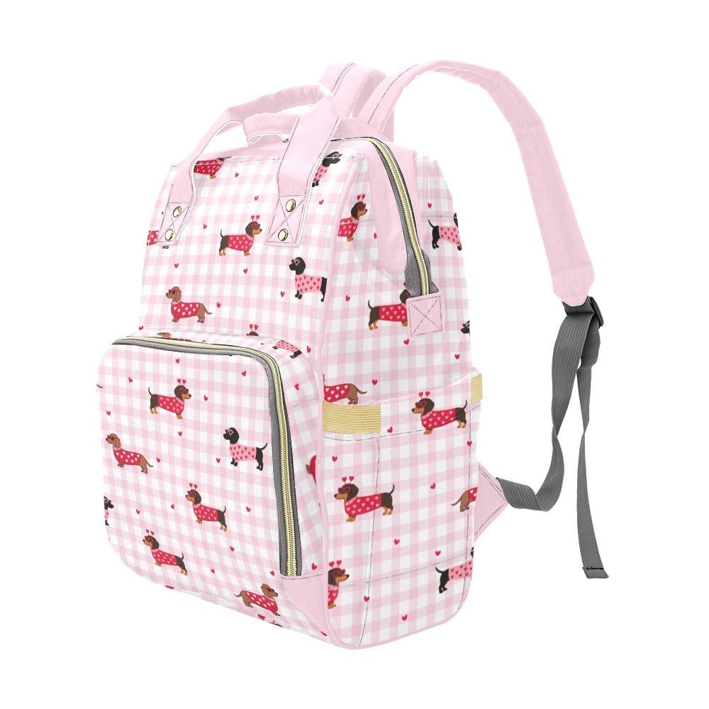 Dachshund Diaper Bag Backpack in Pink Gingham, Dog Lover Baby Bag, Cute Mom Backpack, Nursery Organizer, Stroller Travel Bag