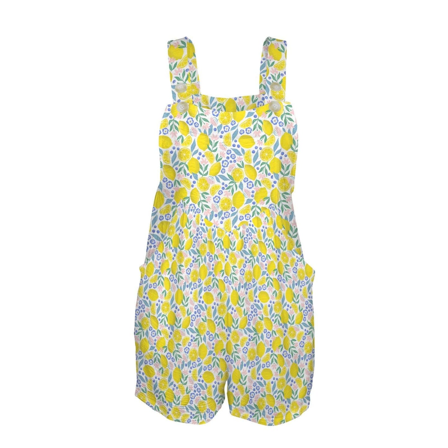 Lemon print romper for women, citrus floral playsuit with pockets, Mediterranean vacation outfit, garden brunch shortall