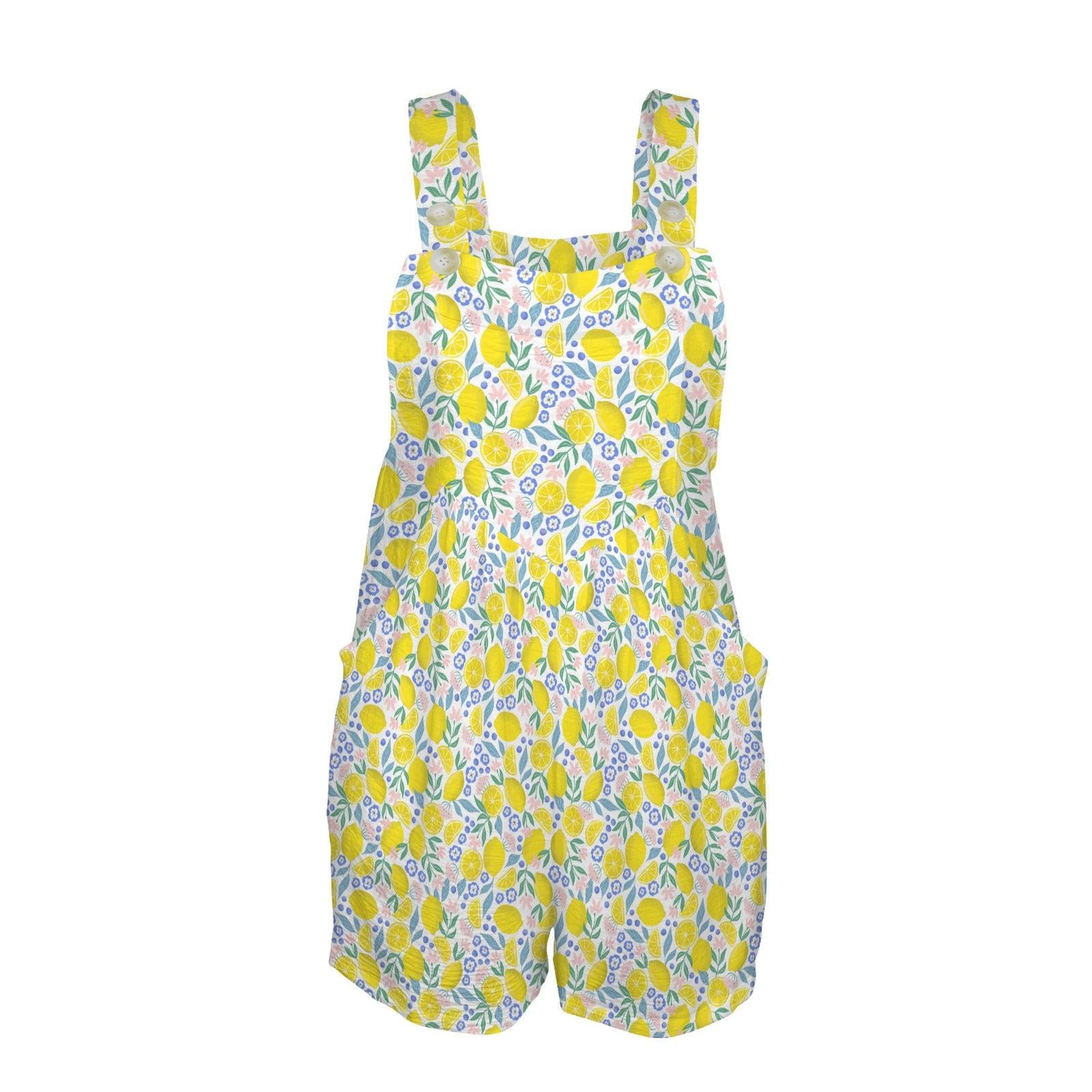 Lemon print romper for women, citrus floral playsuit with pockets, Mediterranean vacation outfit, garden brunch shortall