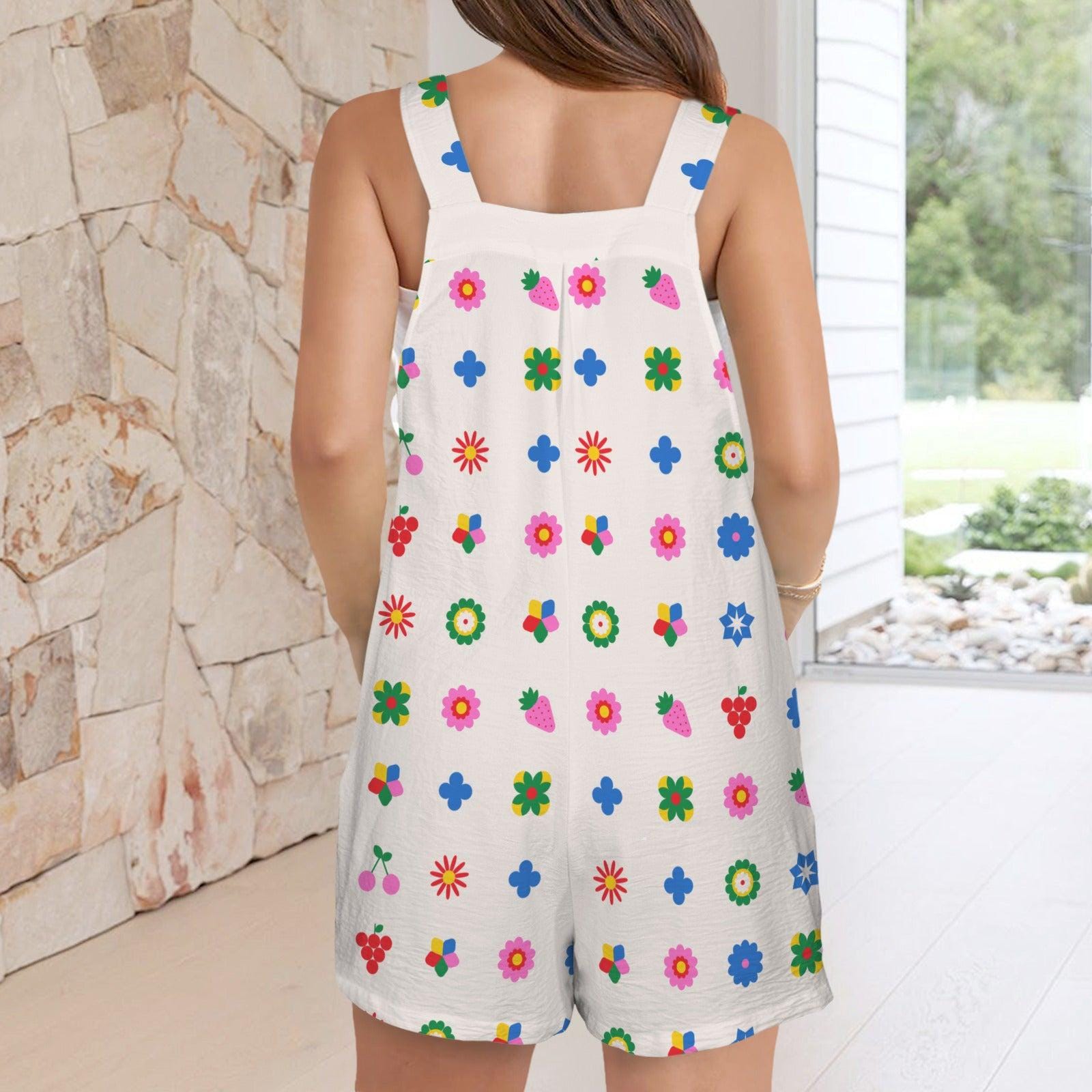 Groovy Fruit Floral Shortalls for Women, Colorful Retro Bib Romper with Pockets, Mod Summer Playsuit for Vacation and Festivals