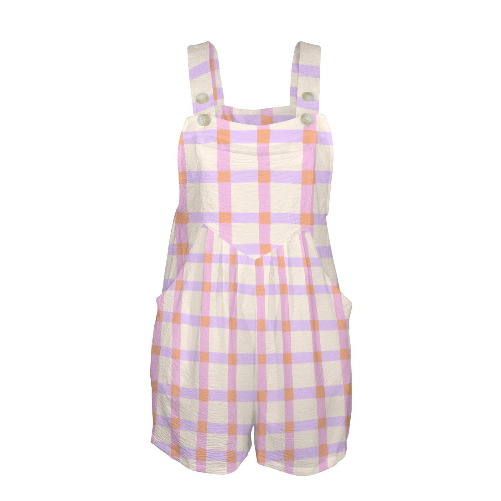 Pastel Plaid Shortalls for Women, Lavender Peach Overall Romper, Spring Picnic Bib Shorts with Pockets, Cute Easter Brunch Outfit