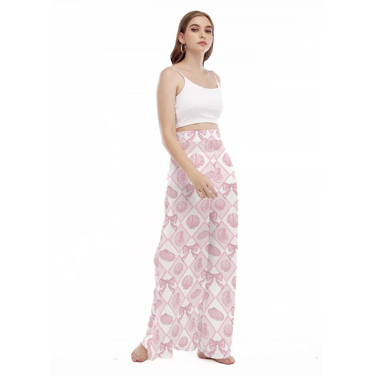 Pink Seashell Wide Leg Pants, Coastal Coquette Bow Trousers, High Waist Resort Wear