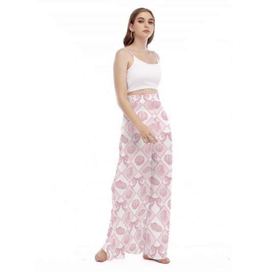 Pink Seashell Wide Leg Pants, Coastal Coquette Bow Trousers, High Waist Resort Wear