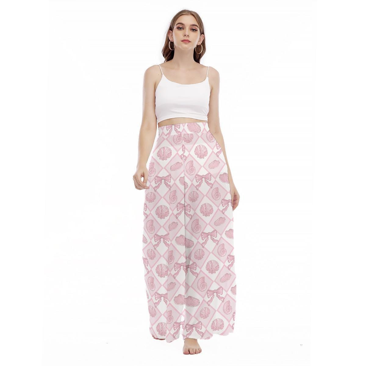 Pink Seashell Wide Leg Pants, Coastal Coquette Bow Trousers, High Waist Resort Wear