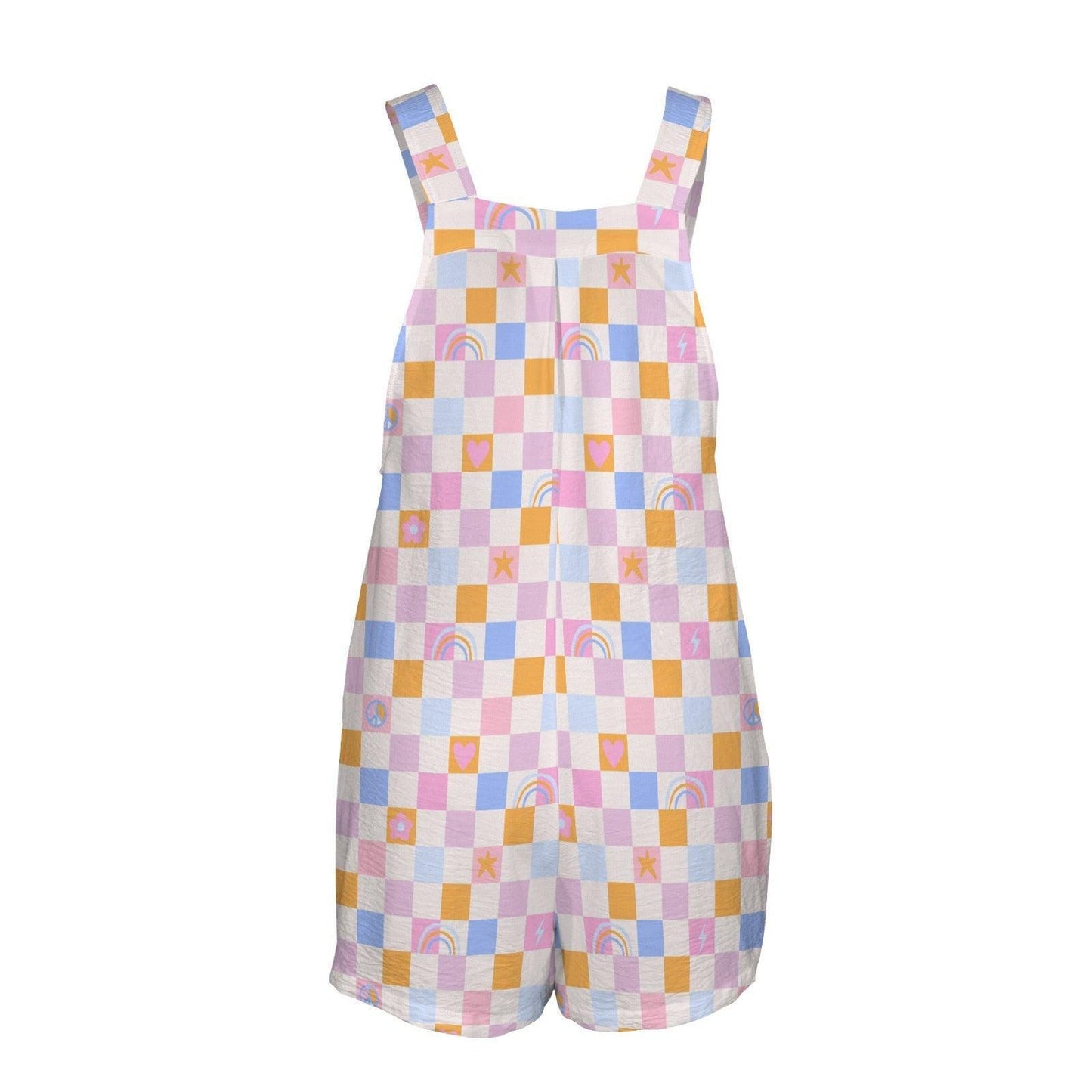 Pastel Checkerboard Romper for Women, Retro Rainbow Pocket Playsuit, Square Neck Summer Shortall for Vacation Outfits