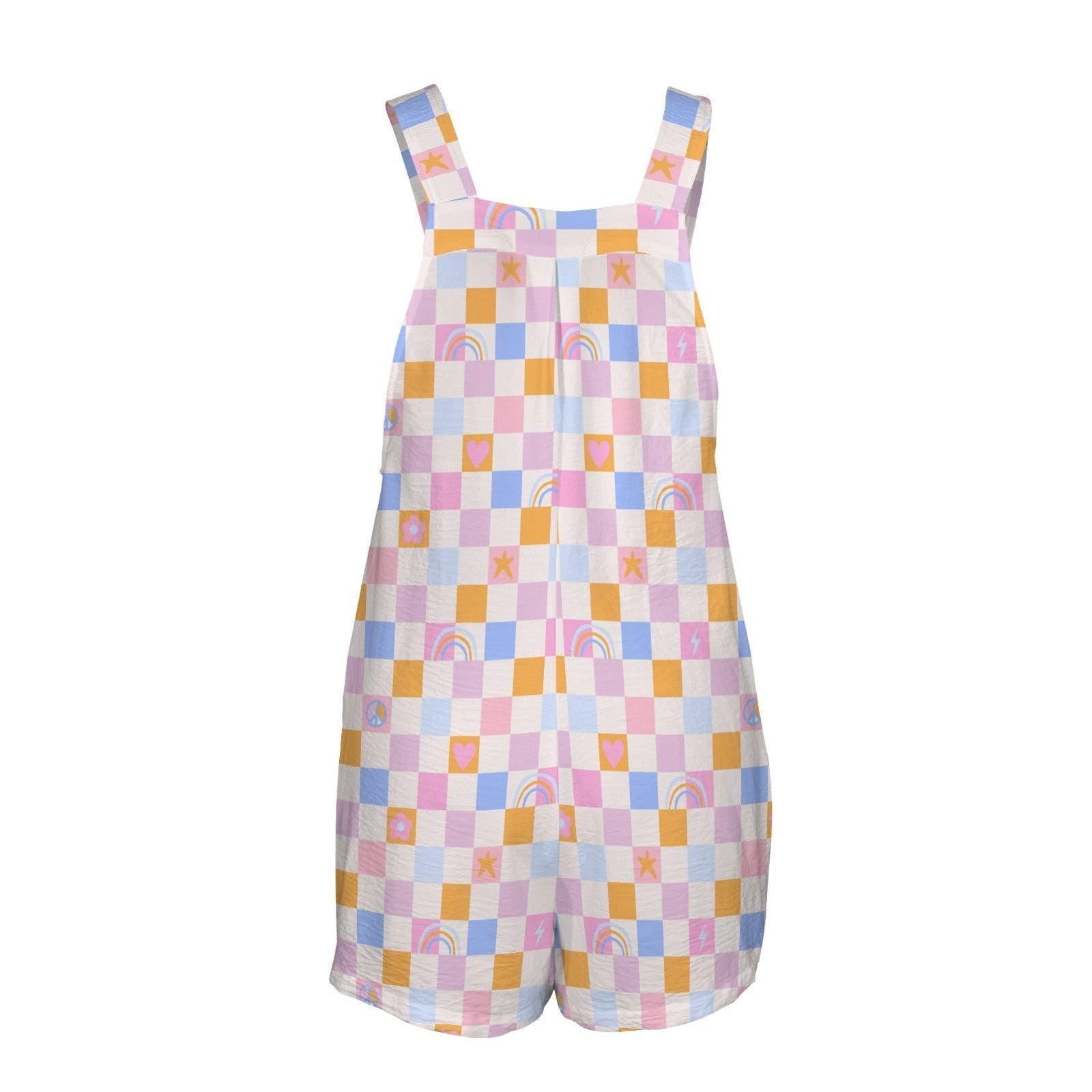 Pastel Checkerboard Romper for Women, Retro Rainbow Pocket Playsuit, Square Neck Summer Shortall for Vacation Outfits