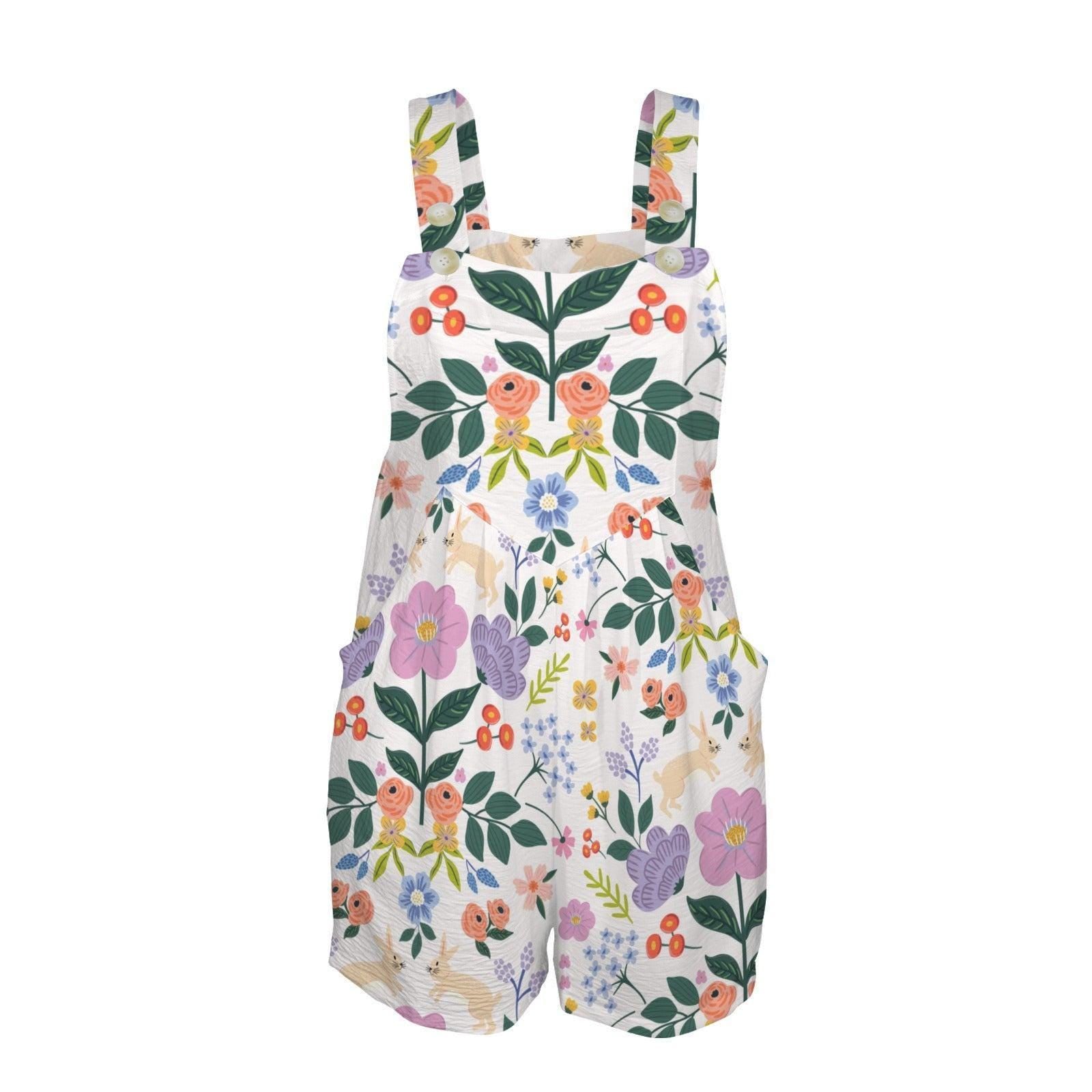 Bunny Floral Overall Romper for Women, Cottagecore Rabbit Shortalls, Wildflower Bib Jumpsuit, Whimsical Spring Garden Outfit
