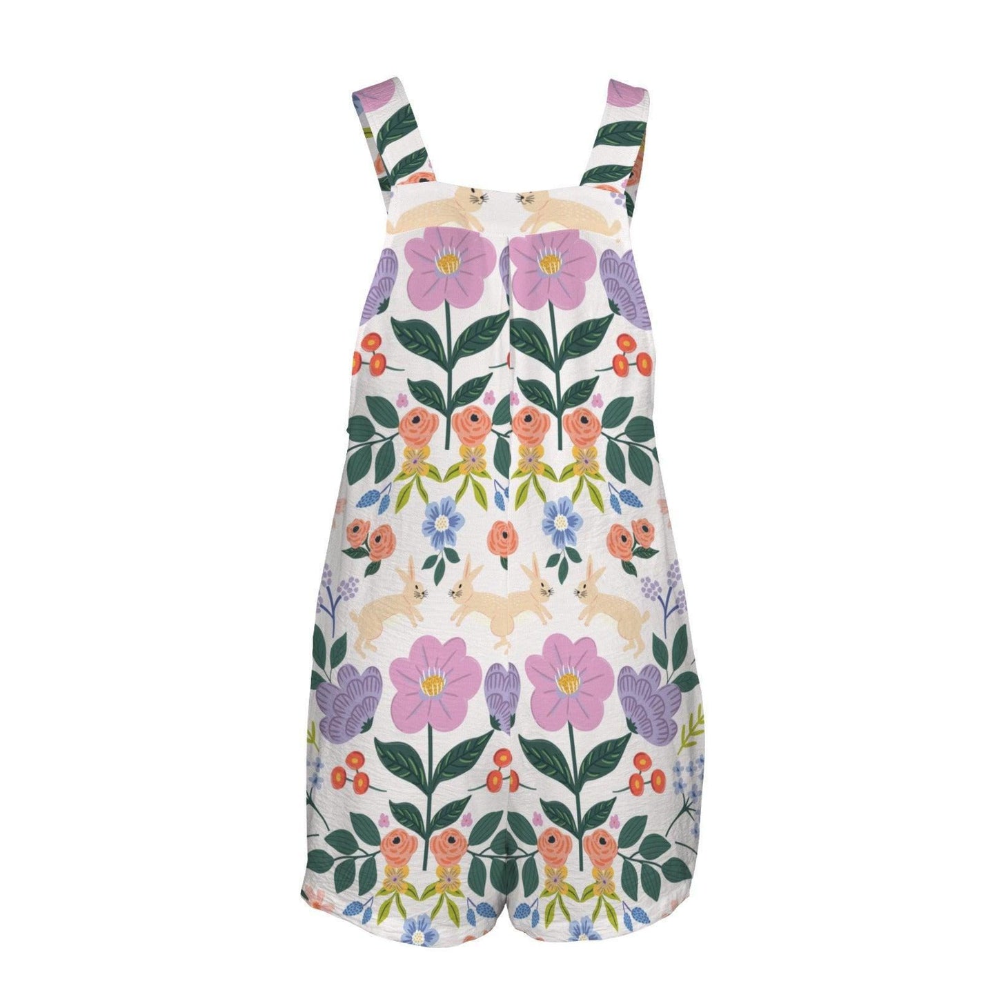 Bunny Floral Overall Romper for Women, Cottagecore Rabbit Shortalls, Wildflower Bib Jumpsuit, Whimsical Spring Garden Outfit