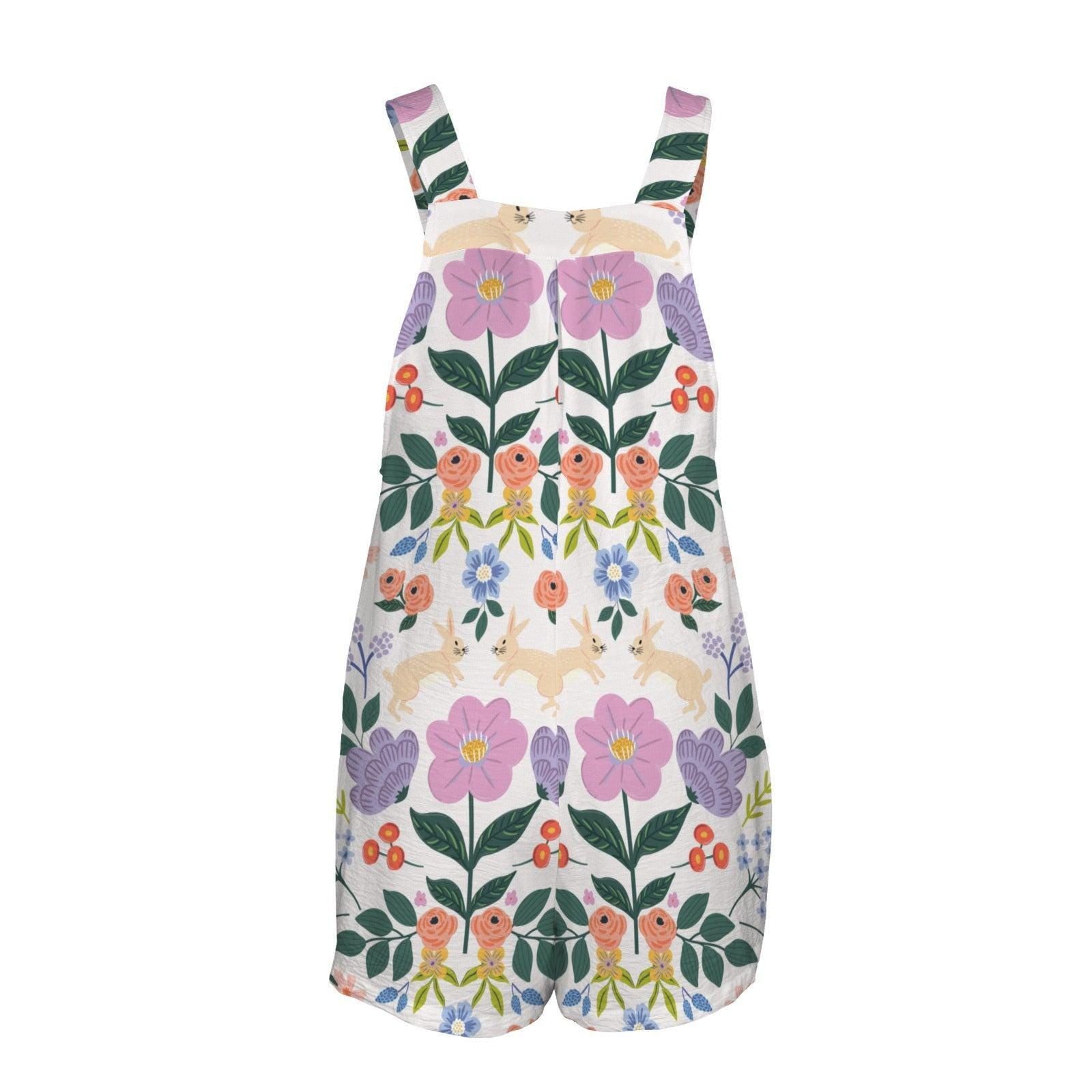 Bunny Floral Overall Romper for Women, Cottagecore Rabbit Shortalls, Wildflower Bib Jumpsuit, Whimsical Spring Garden Outfit