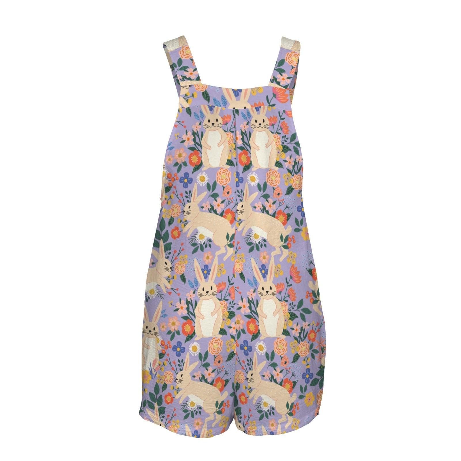 Bunny Floral Overall Shorts Romper for Women, Easter Rabbit Print Pocket Outfit, Lavender Spring Cottagecore Jumpsuit