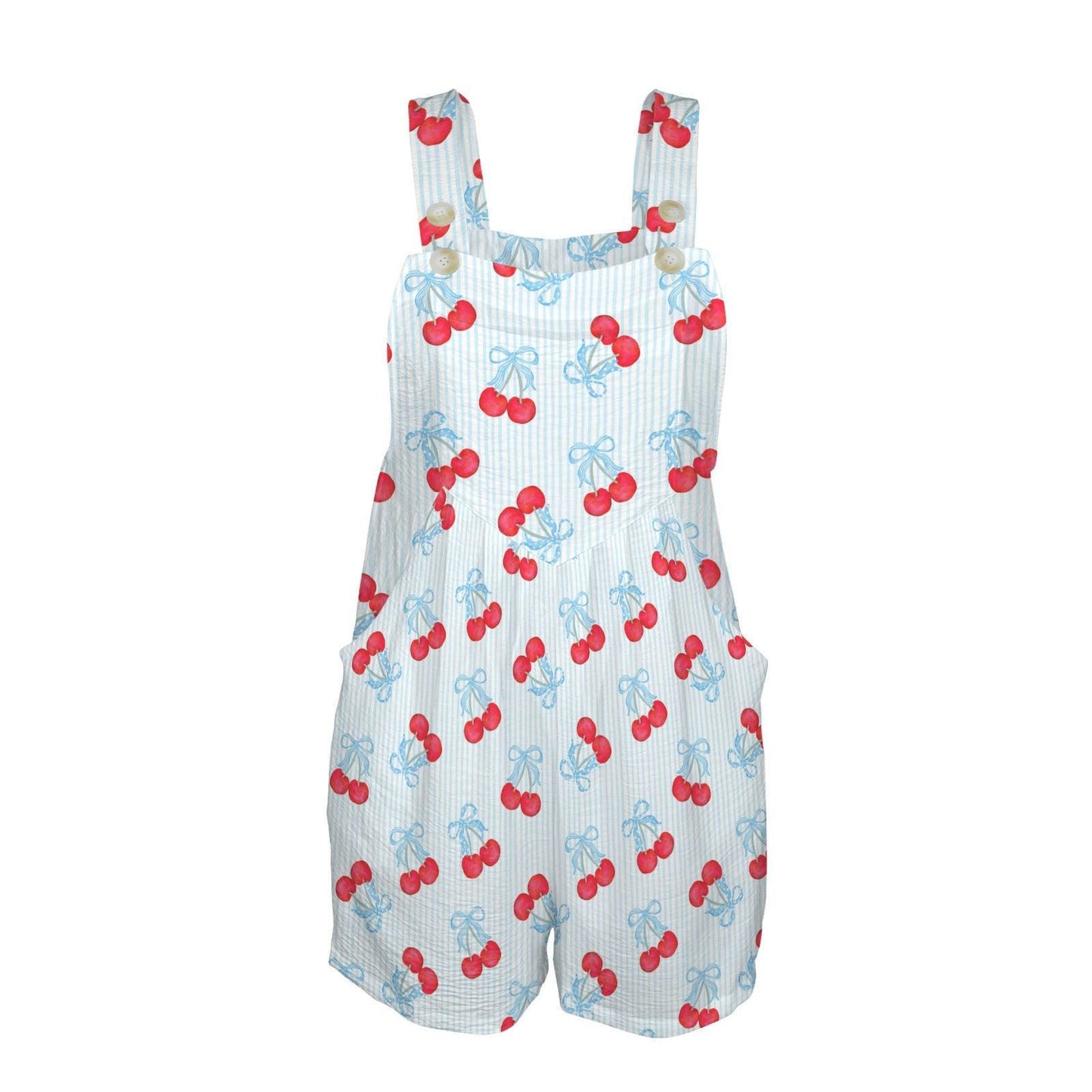 Cherry bow shortalls for women, blue stripe romper, coquette summer playsuit, picnic outfit with pockets, cute fruit overall shorts
