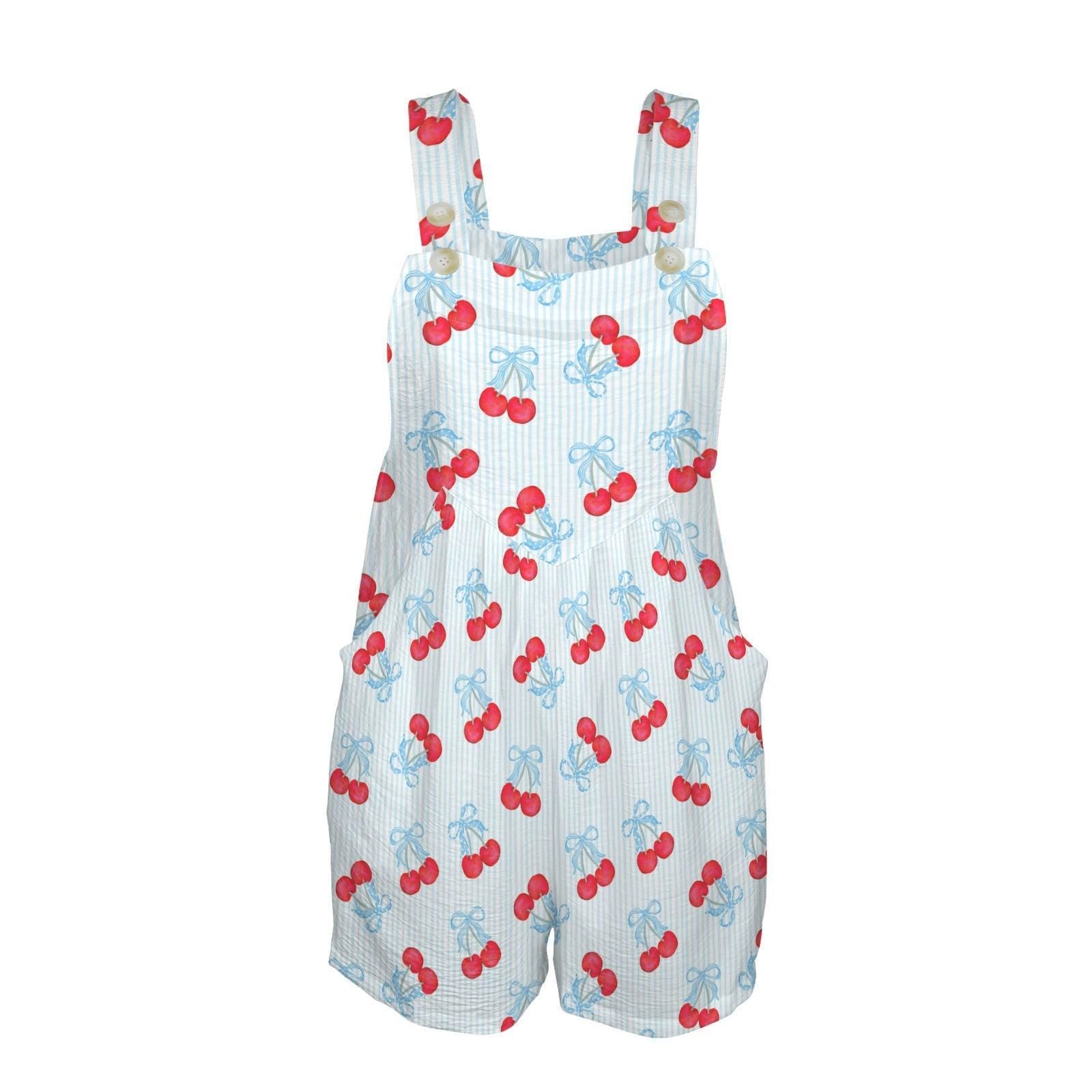 Cherry bow shortalls for women, blue stripe romper, coquette summer playsuit, picnic outfit with pockets, cute fruit overall shorts