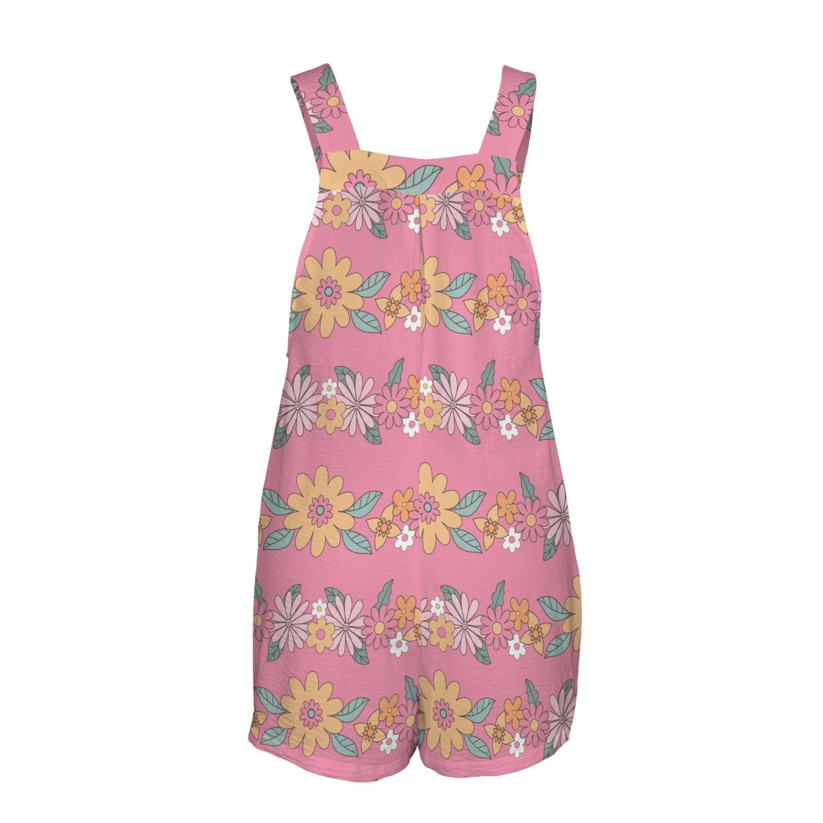 Pink Floral Shortalls for Women, Retro Daisy Bib Romper with Pockets, Groovy Spring Festival One Piece Outfit